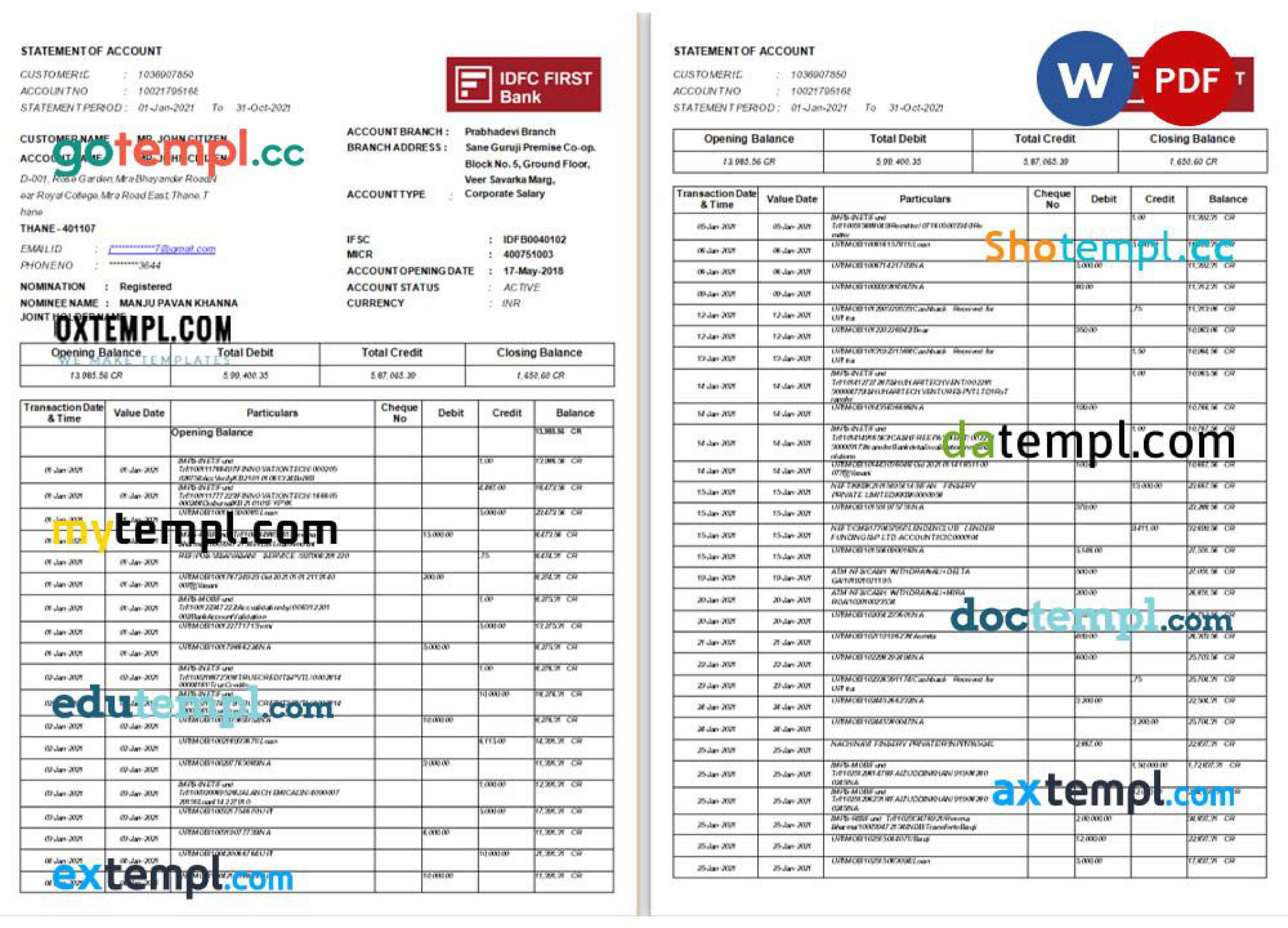 Doctempl India IDFC bank statement Word and PDF template 8 pages 1 2 Doctempl India IDFC bank statement Word and PDF template 8 pages 1 2