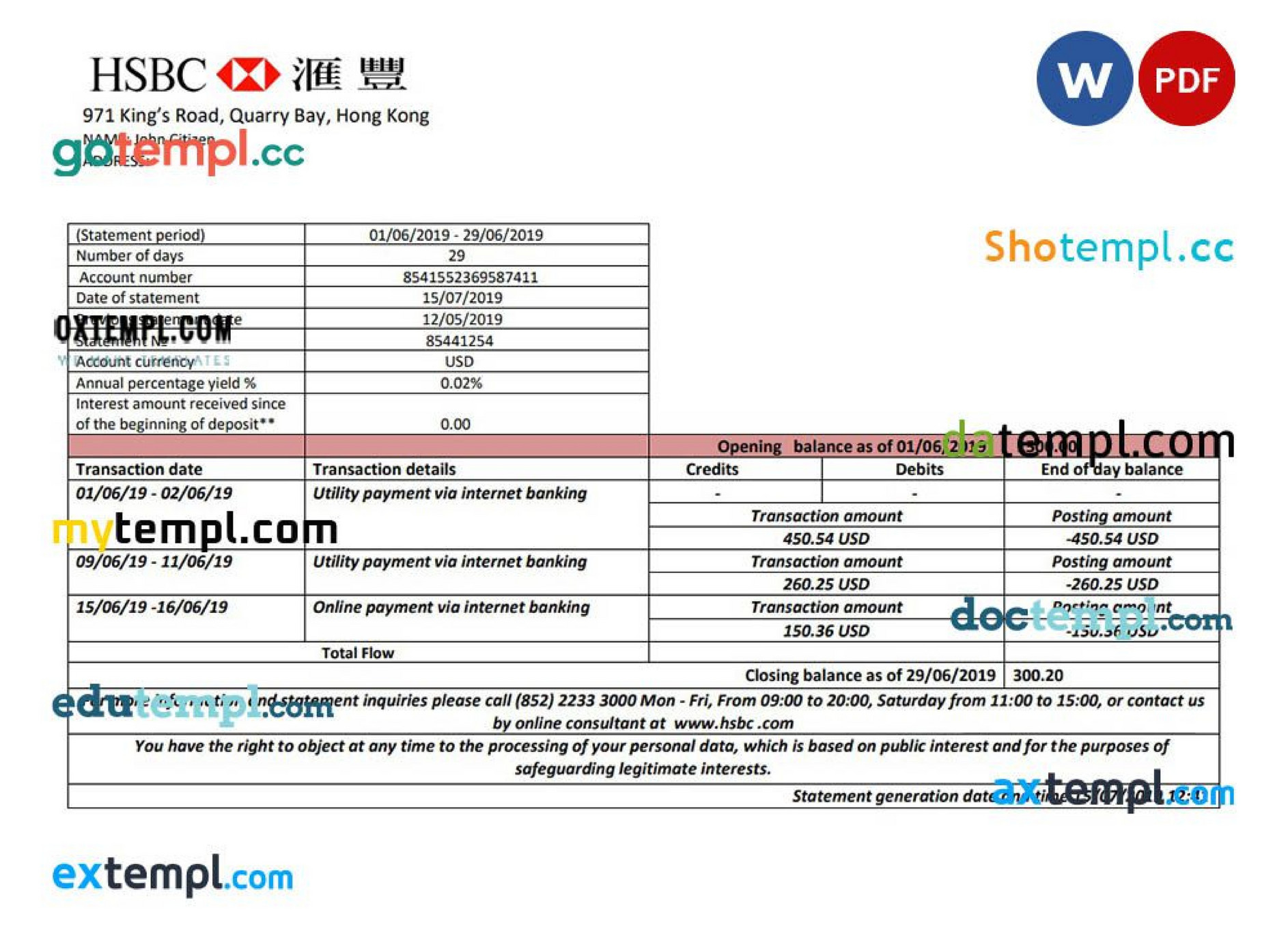 Doctempl Hong Kong HSBC bank statement easy to fill template in Word Doctempl Hong Kong HSBC bank statement easy to fill template in Word