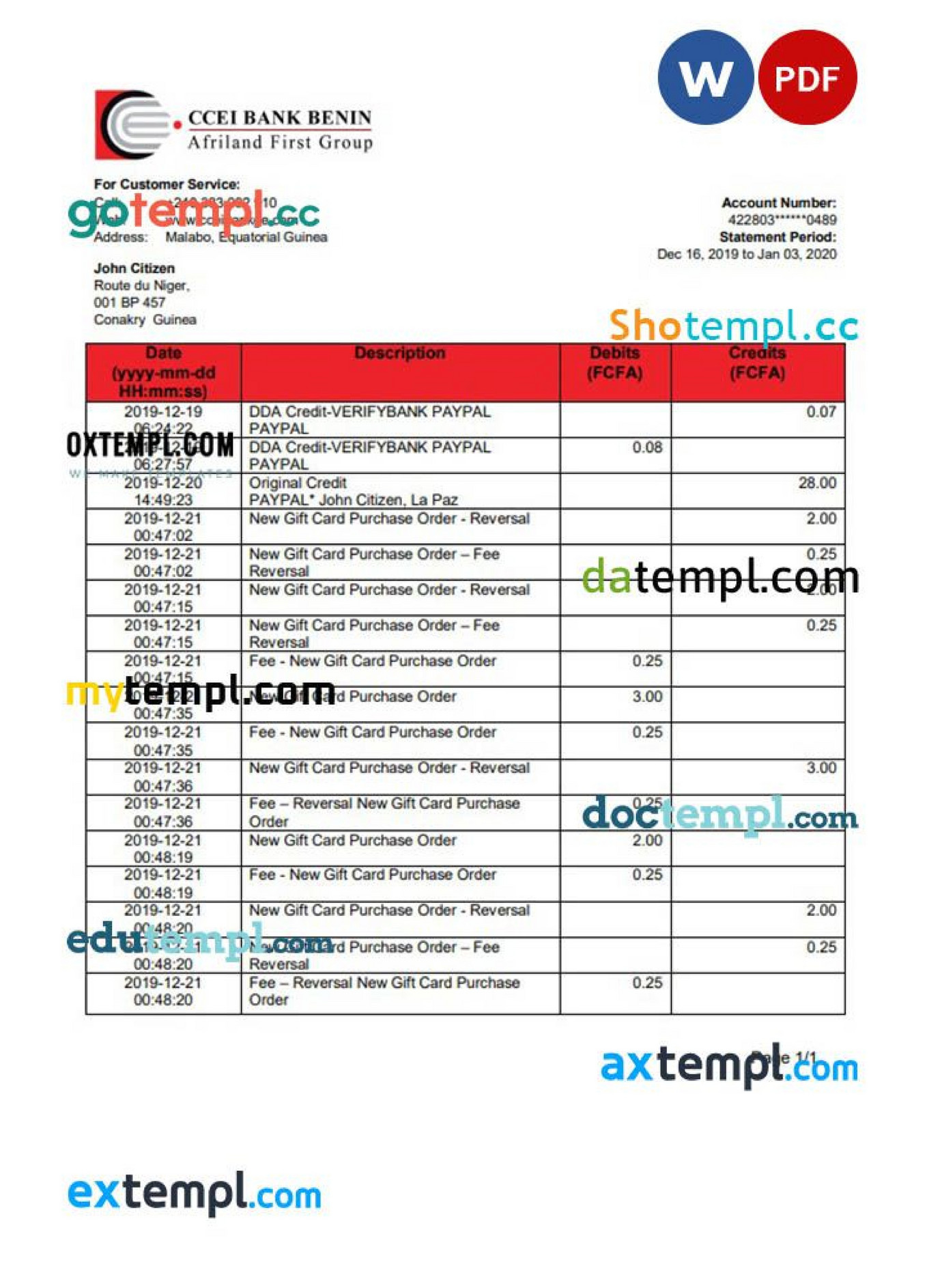 Doctempl Equatorial Guinea CCEI Bank proof of address statement