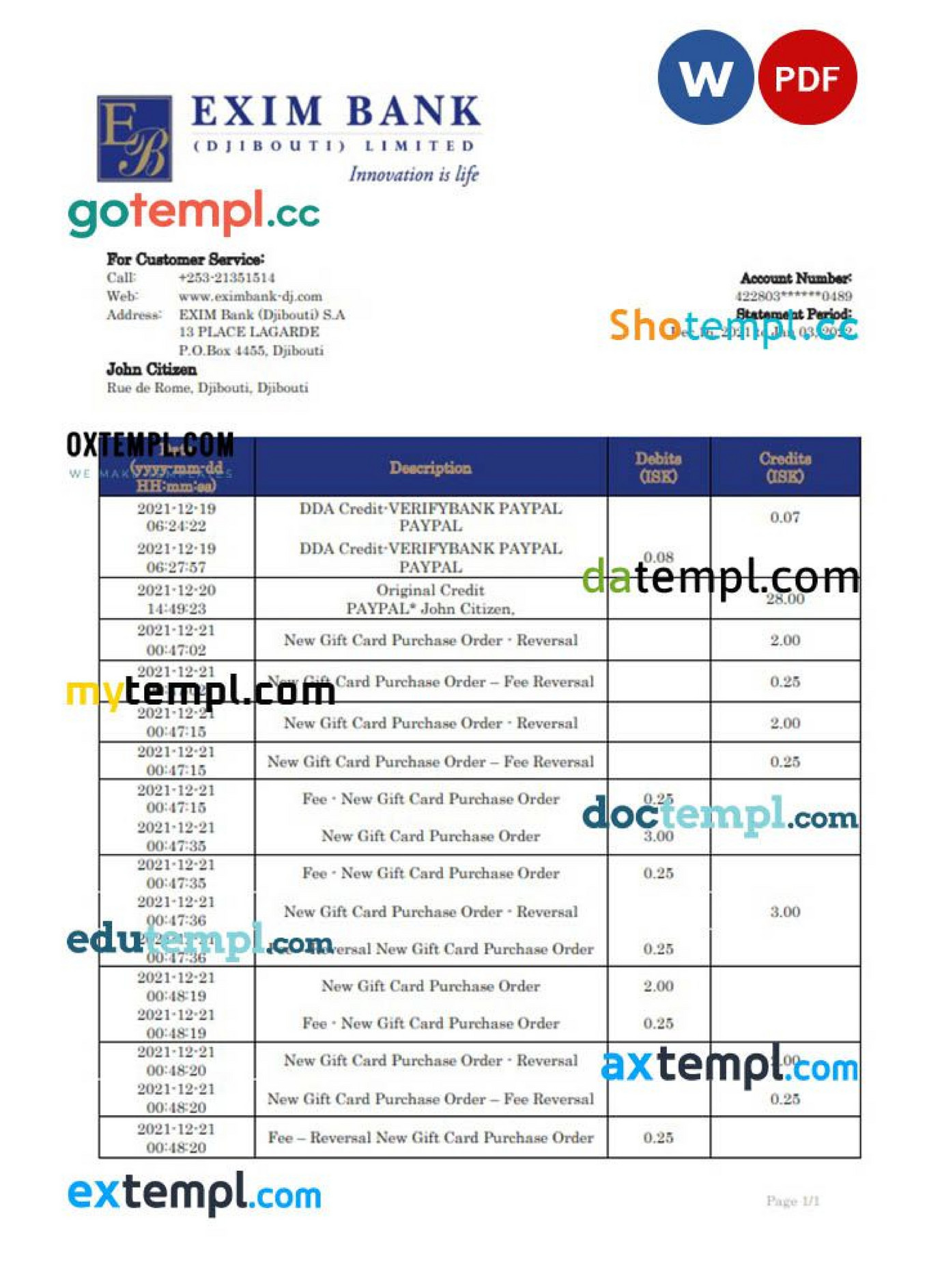 Doctempl - Djibouti Exim Bank statement template in Word and PDF format ...