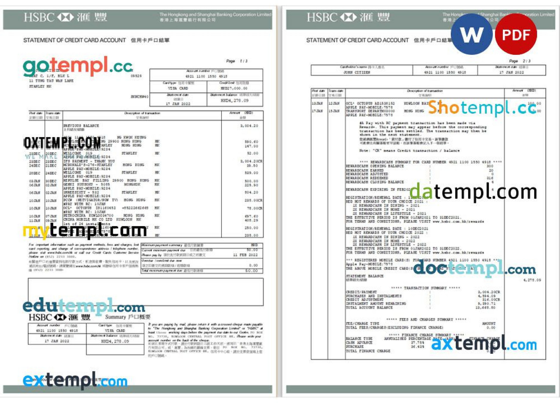 Doctempl China Hsbc Bank Statement Word And Pdf Template Pages Page