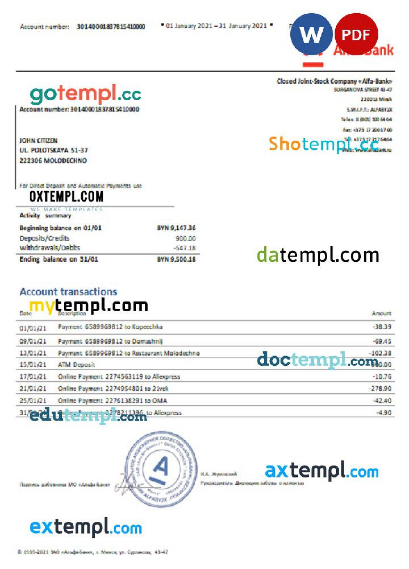 Doctempl Belarus Alfa Bank statement Word and PDF template Page 1