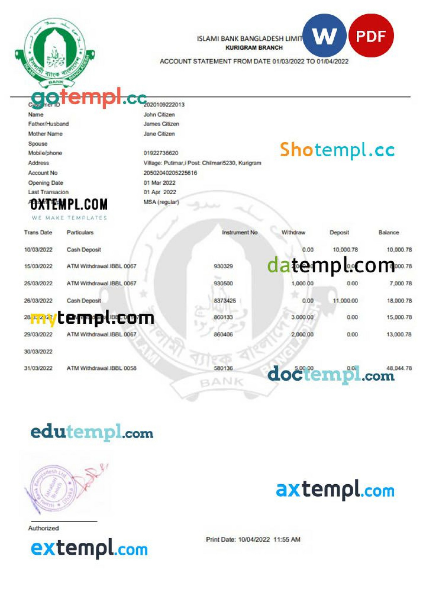 Doctempl - Bangladesh Islami bank statement template Word and PDF - Page 1