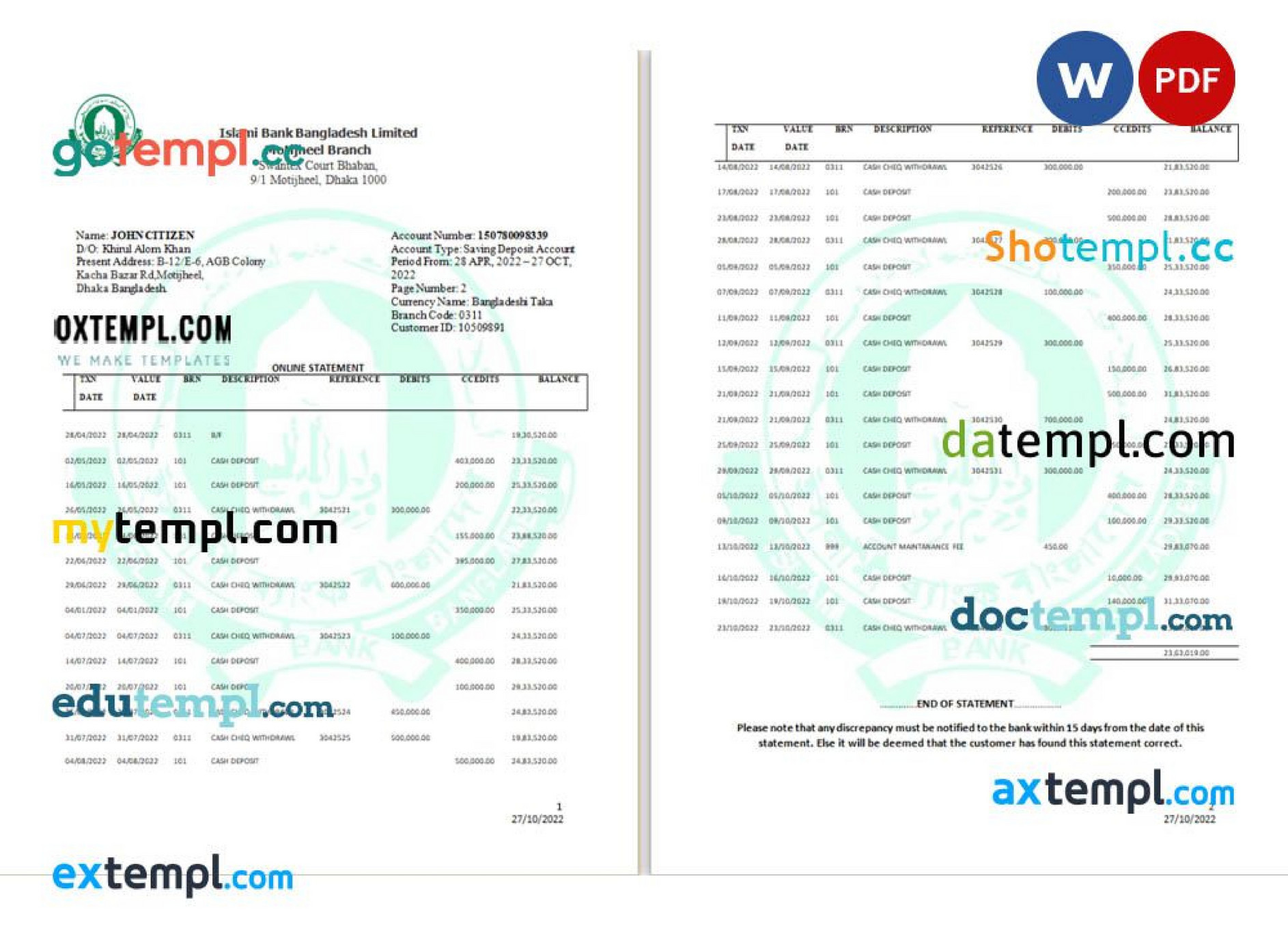 Doctempl - Bangladesh Islami Bank Limited statement Word and PDF ...