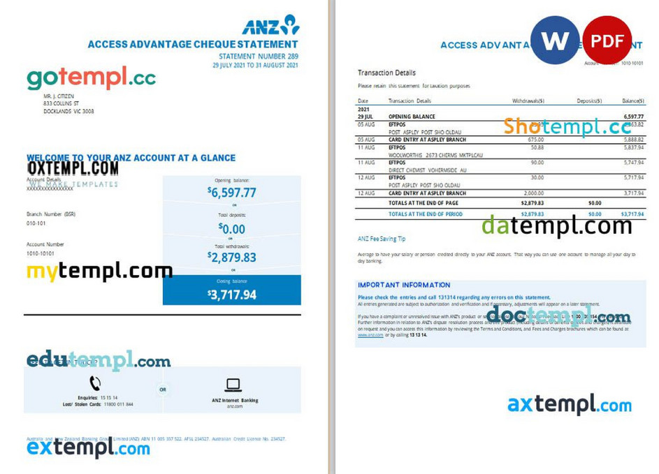 Doctempl - Australia ANZ proof of address Bank Statement template in ...