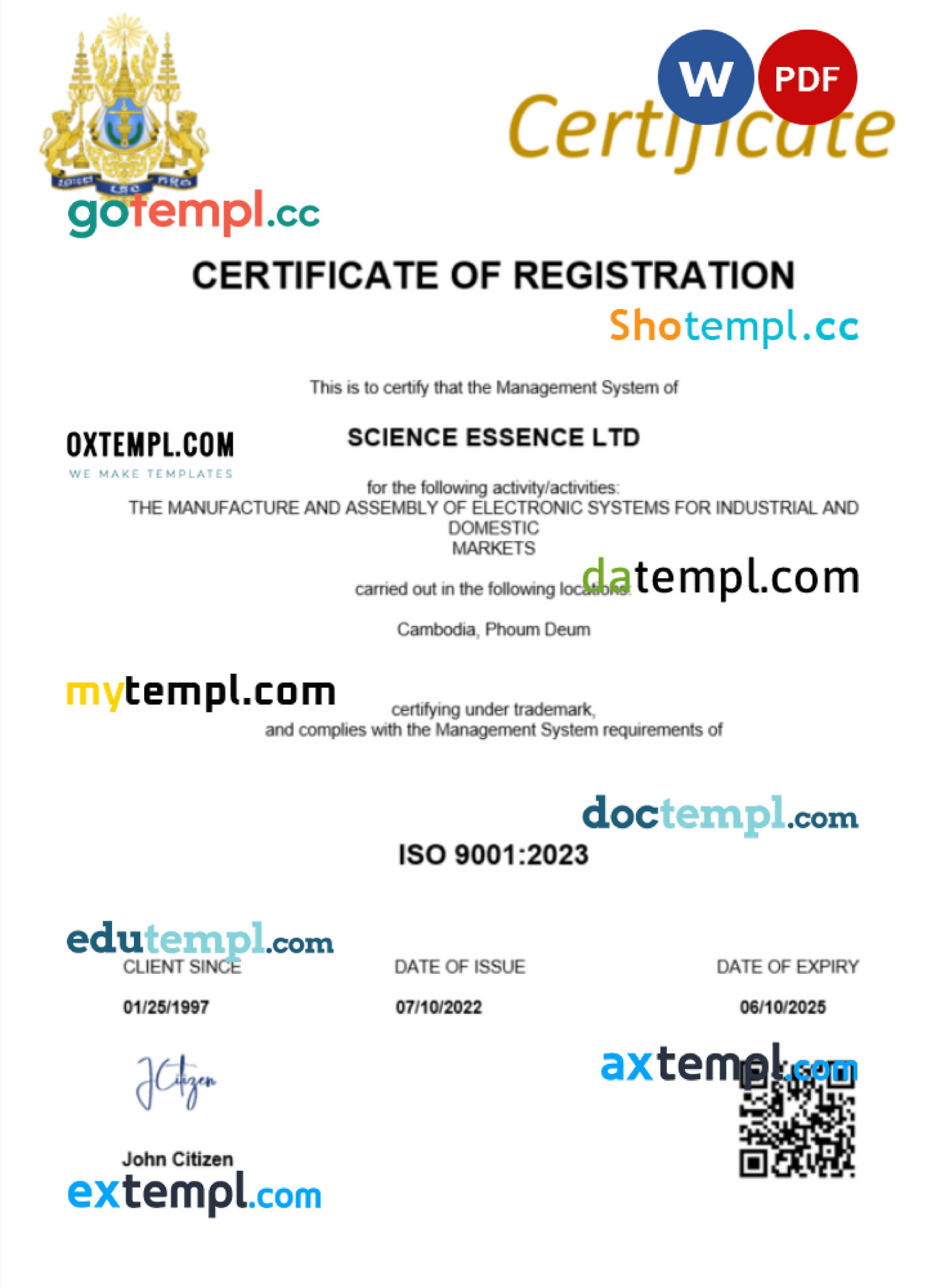 Doctempl - Cambodia certificate of registration Word and PDF template ...