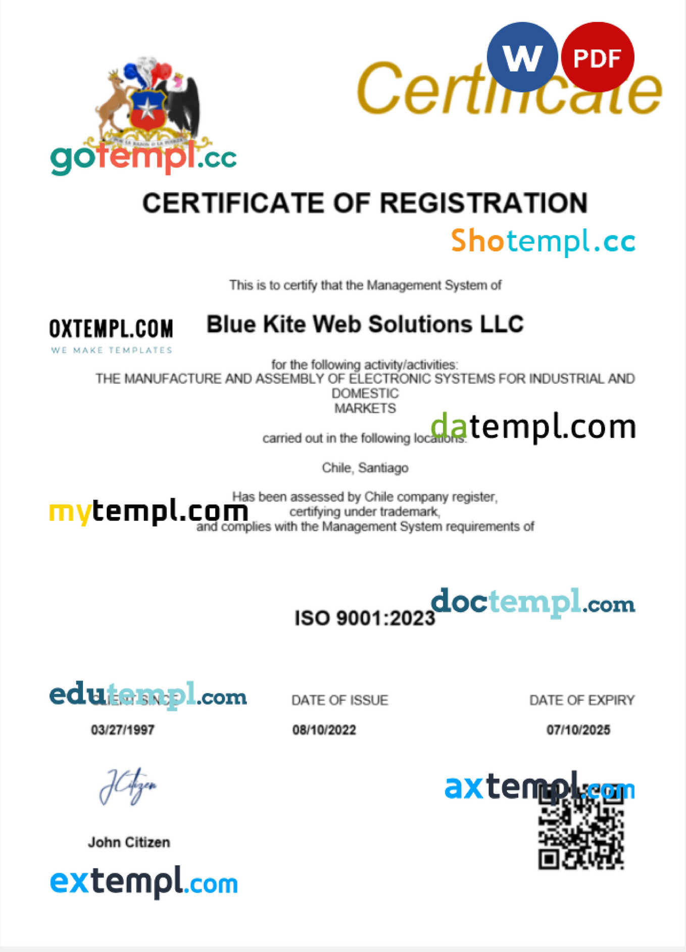 Doctempl - Chile certificate of registration Word and PDF template - Page 1