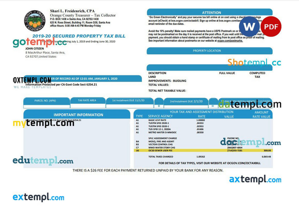 Doctempl USA County of Orange California property tax bill template Doctempl USA County of Orange California property tax bill template