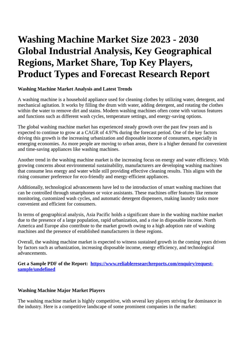 Washing Machines Market Analysis: Key Players Updates, Market Share, Trends  and Predictions 2023-2030