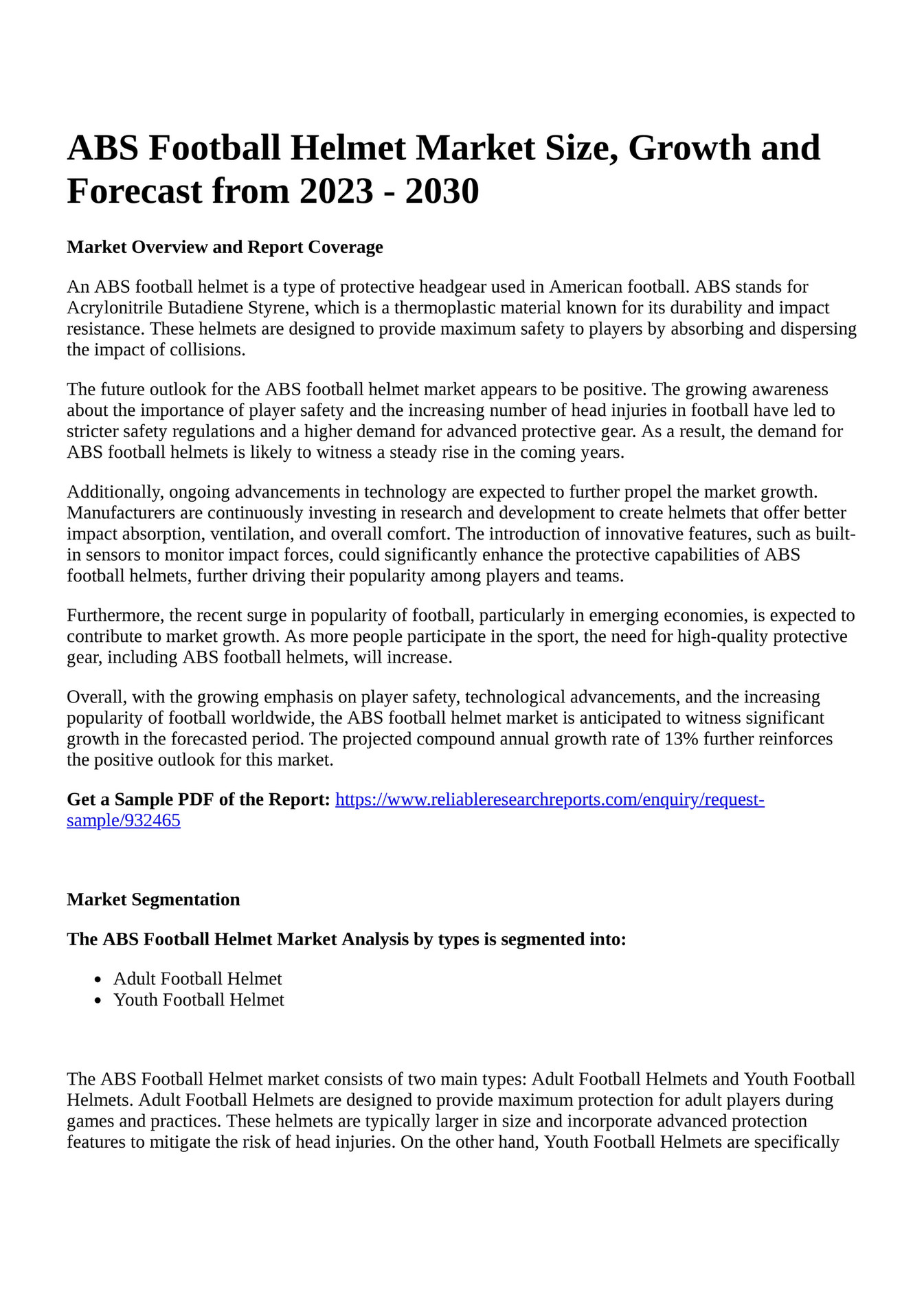 Reportprime ABS Football Helmet Market Size, Growth and Forecast from