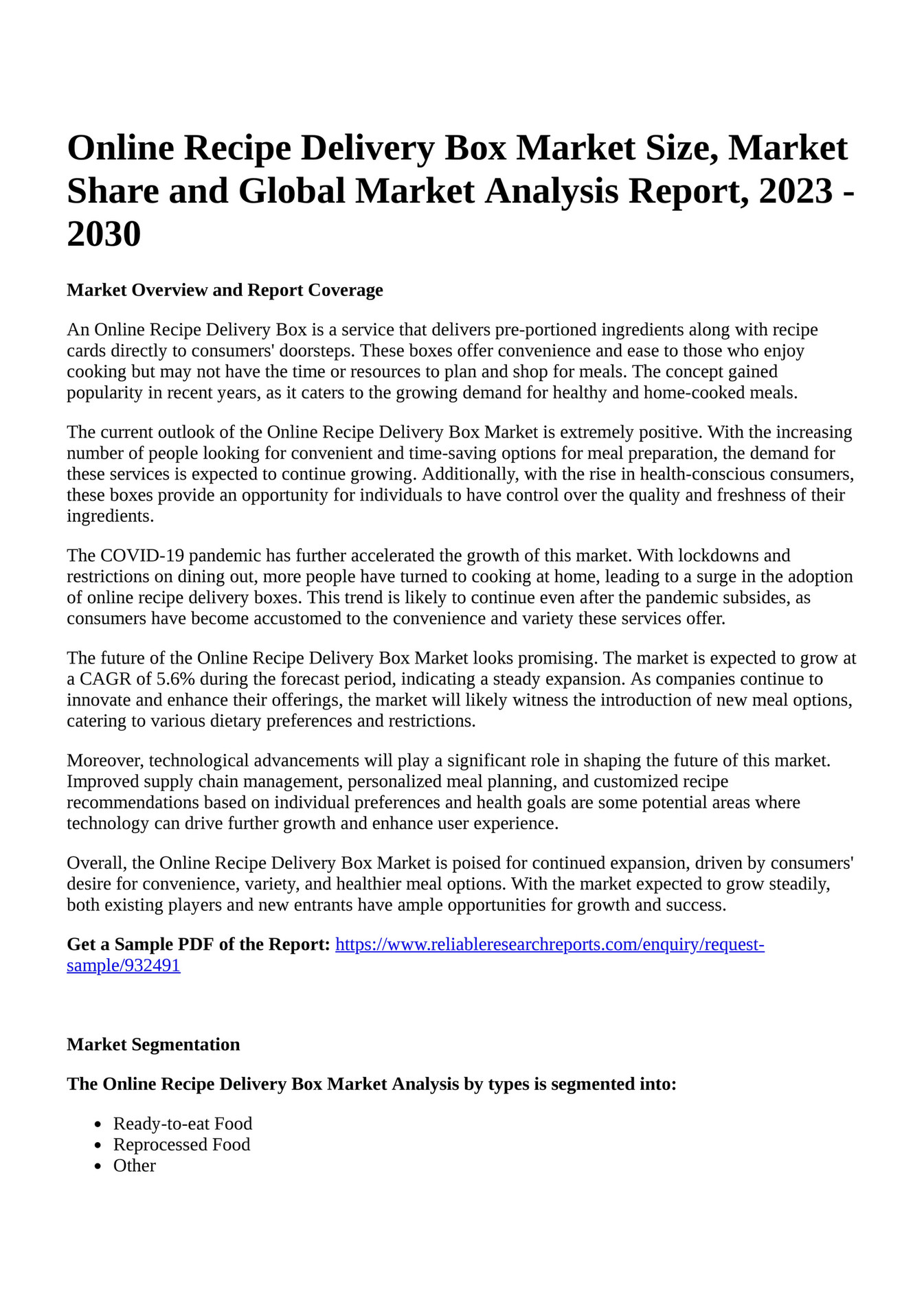 Reportprime Online Recipe Delivery Box Market Size, Market Share and Global Market Analysis