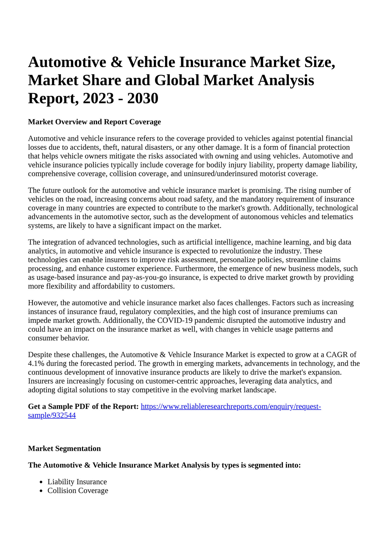 Reportprime Automotive & Vehicle Insurance Market Size, Market Share