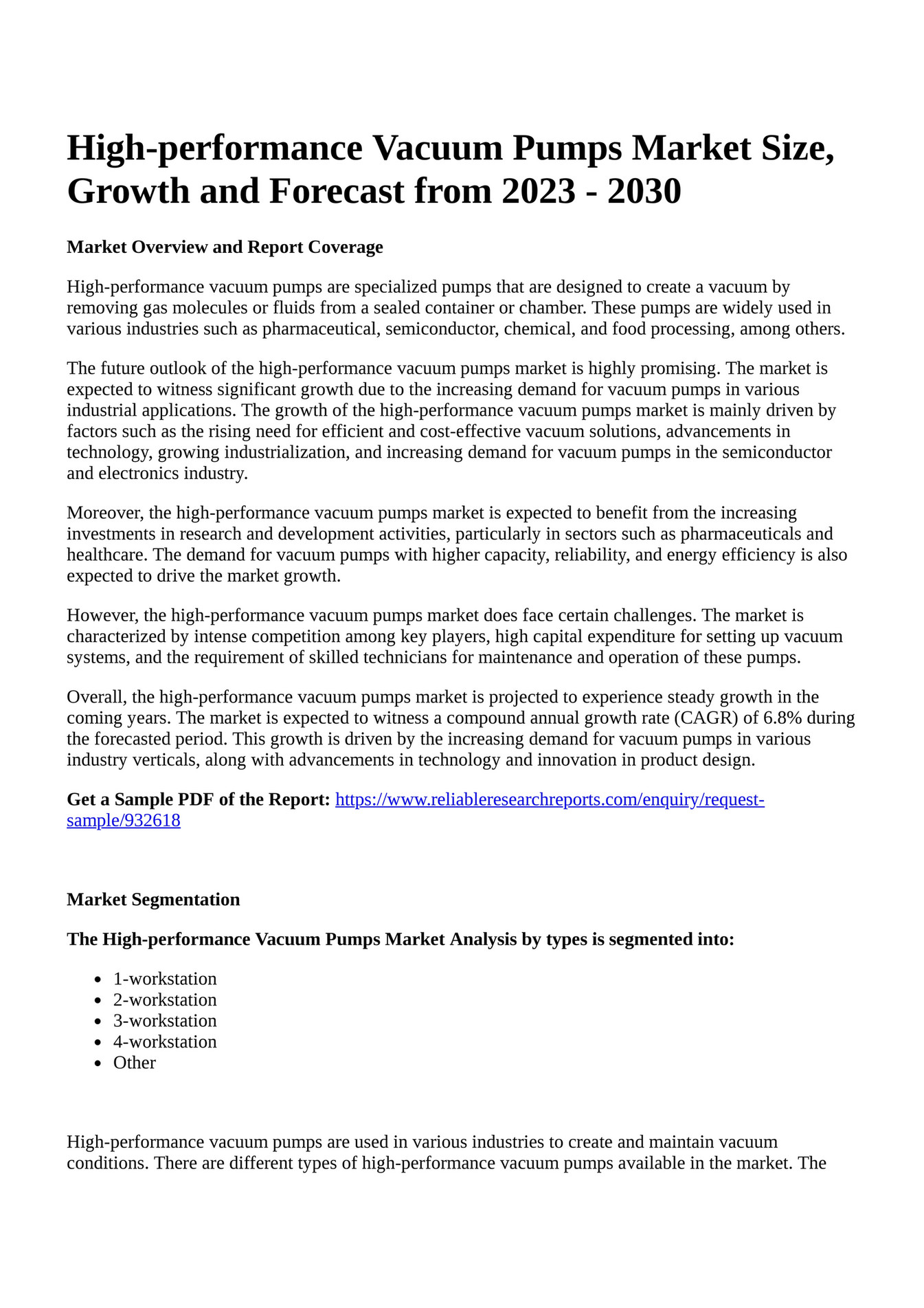 Reportprime Highperformance Vacuum Pumps Market Size, Growth and Forecast from 2023 2030