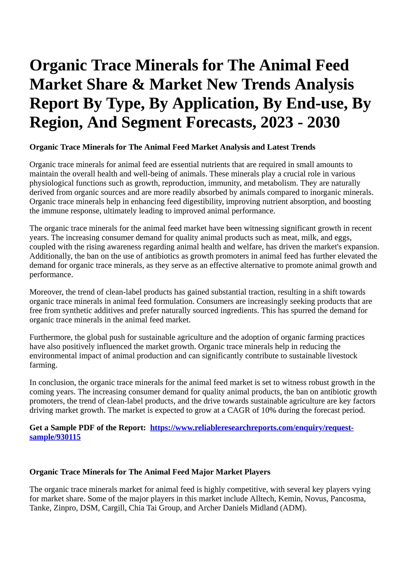 Reportprime Organic Trace Minerals for The Animal Feed Market Share