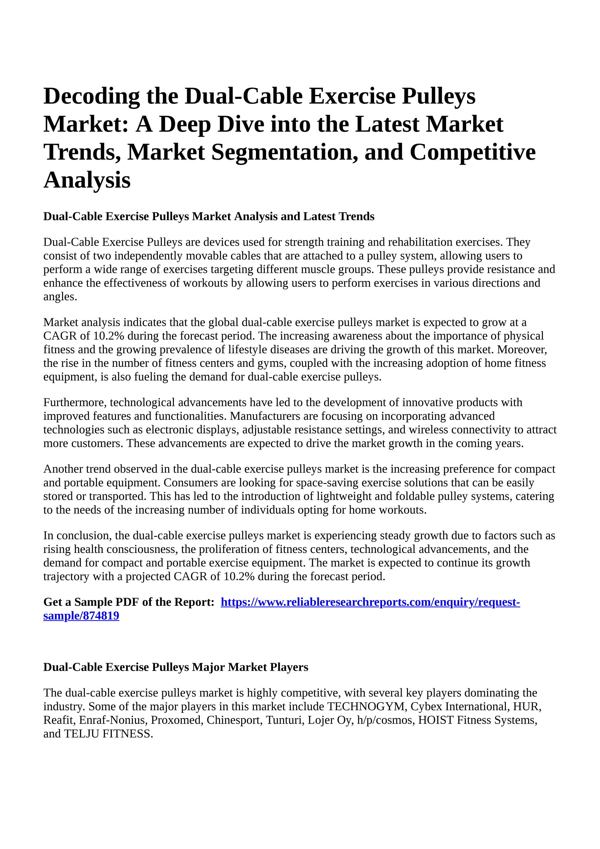 Reportprime - Decoding the Dual-Cable Exercise Pulleys Market: A