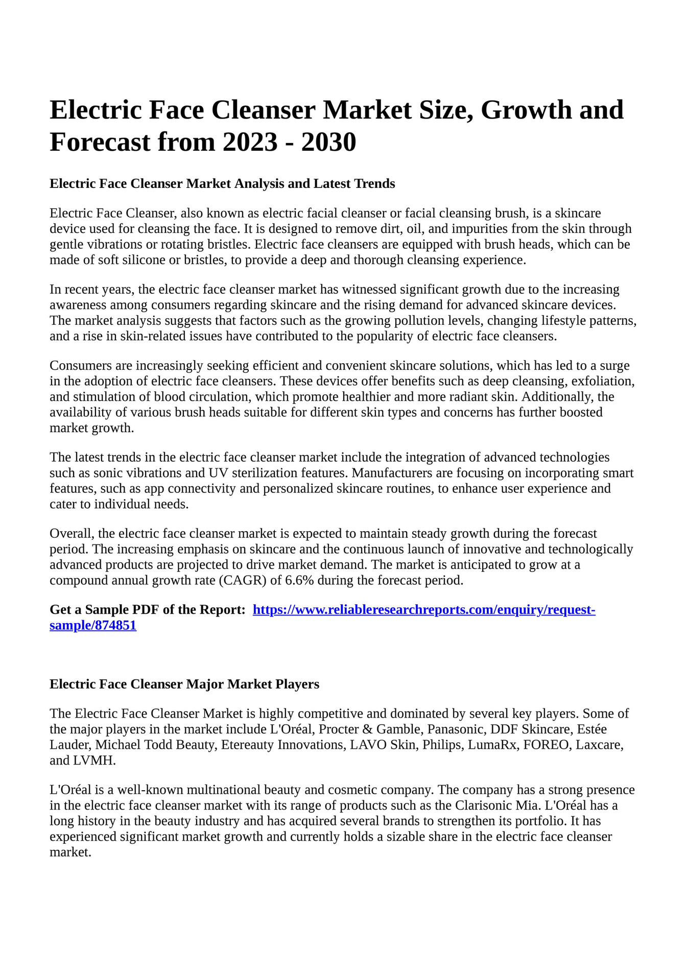 Reportprime Electric Face Cleanser Market Size, Growth and Forecast