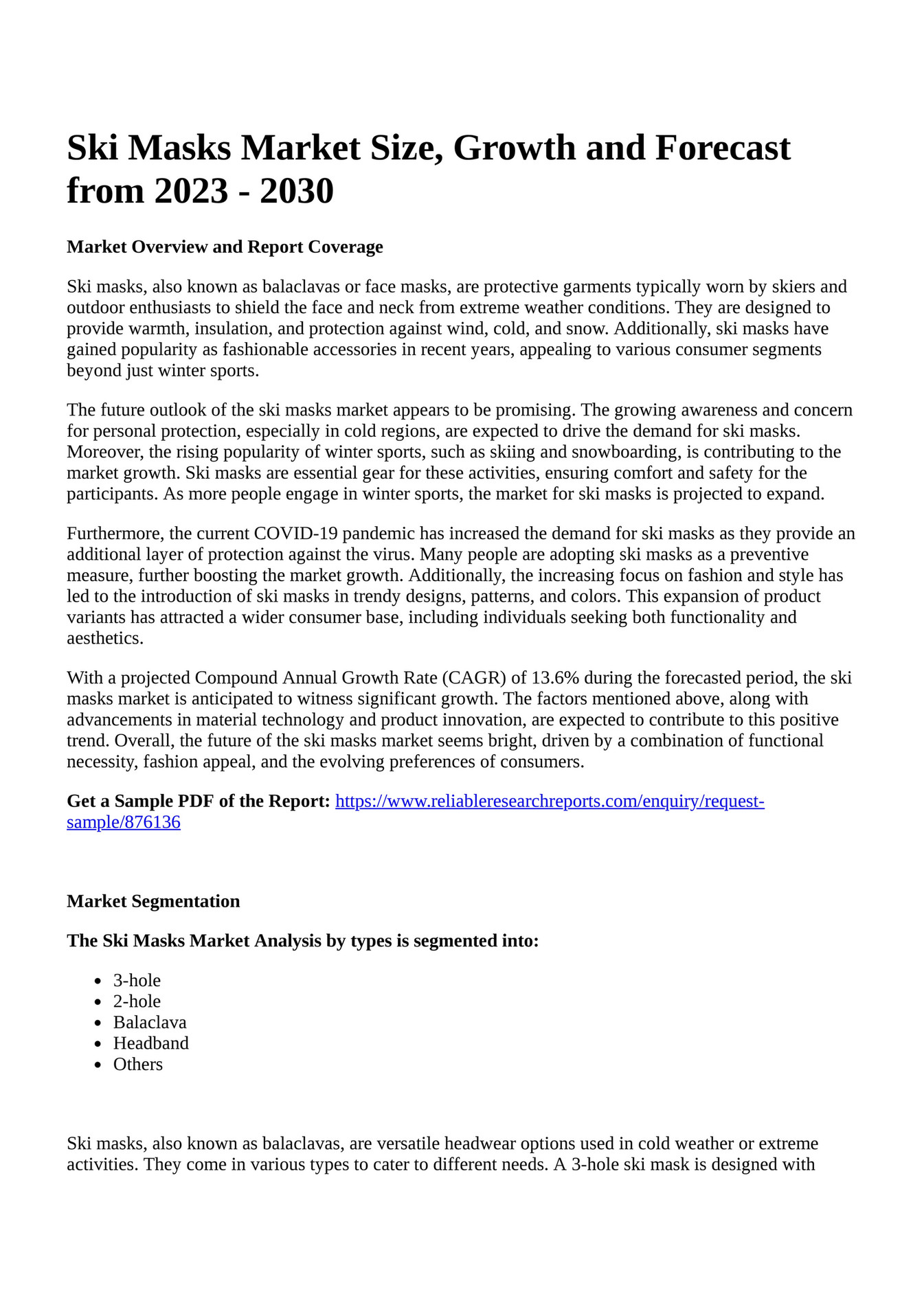 Reportprime Ski Masks Market Size, Growth and Forecast from 2023