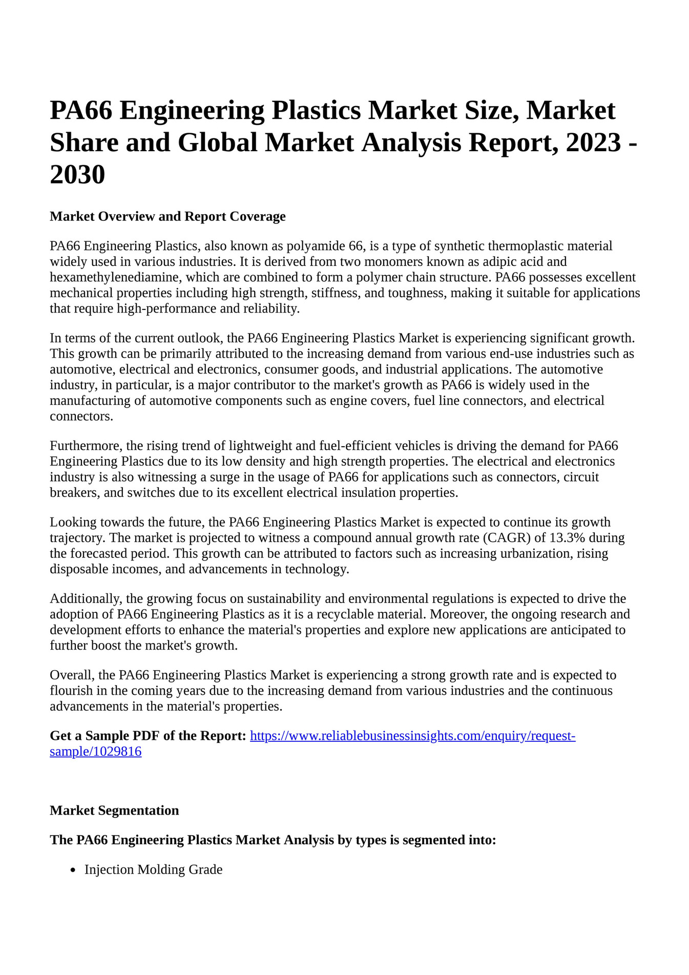 Reportprime PA66 Engineering Plastics Market Size, Market Share and