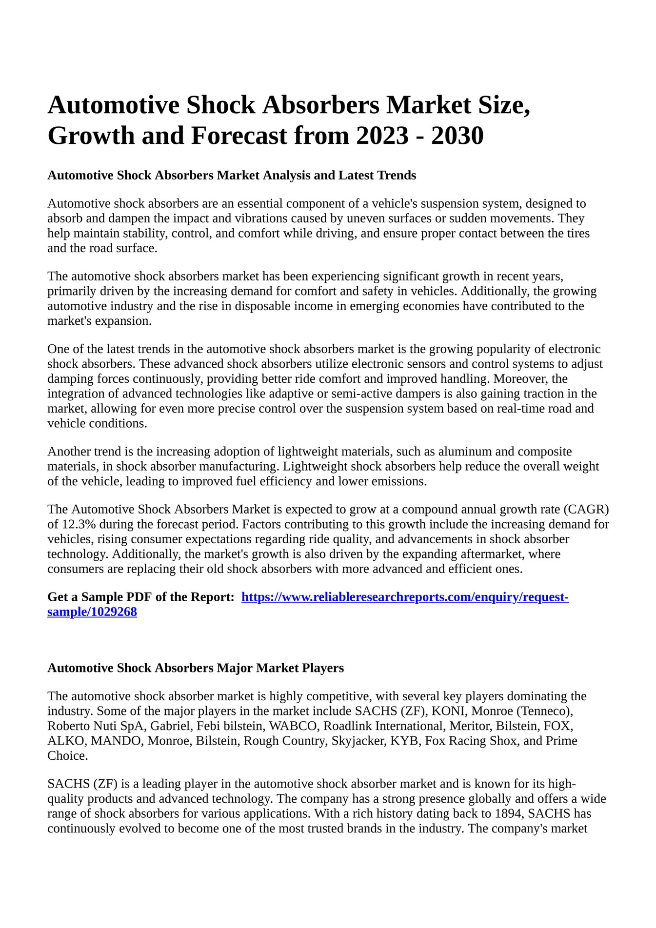 Reportprime Automotive Shock Absorbers Market Size, Growth and