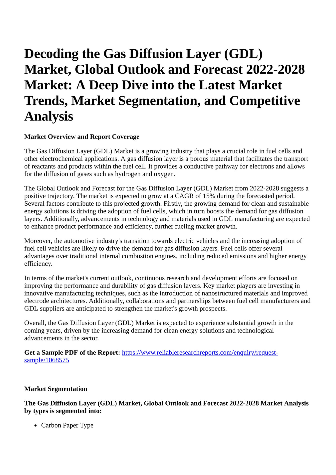 Reportprime - Decoding the Gas Diffusion Layer (GDL) Market, Global 