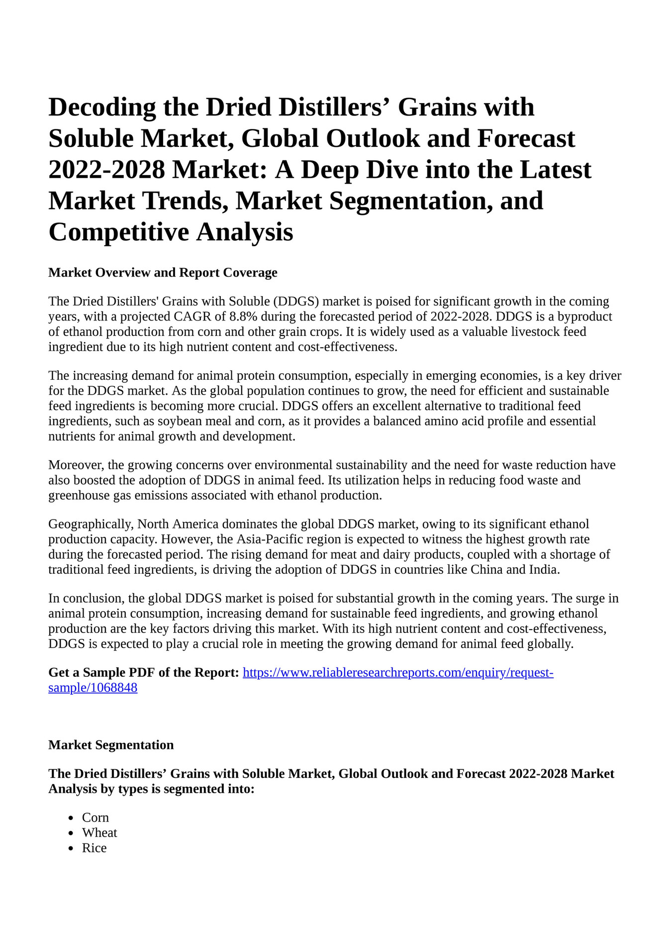 Reportprime - Decoding the Dried Distillers’ Grains with Soluble Market 
