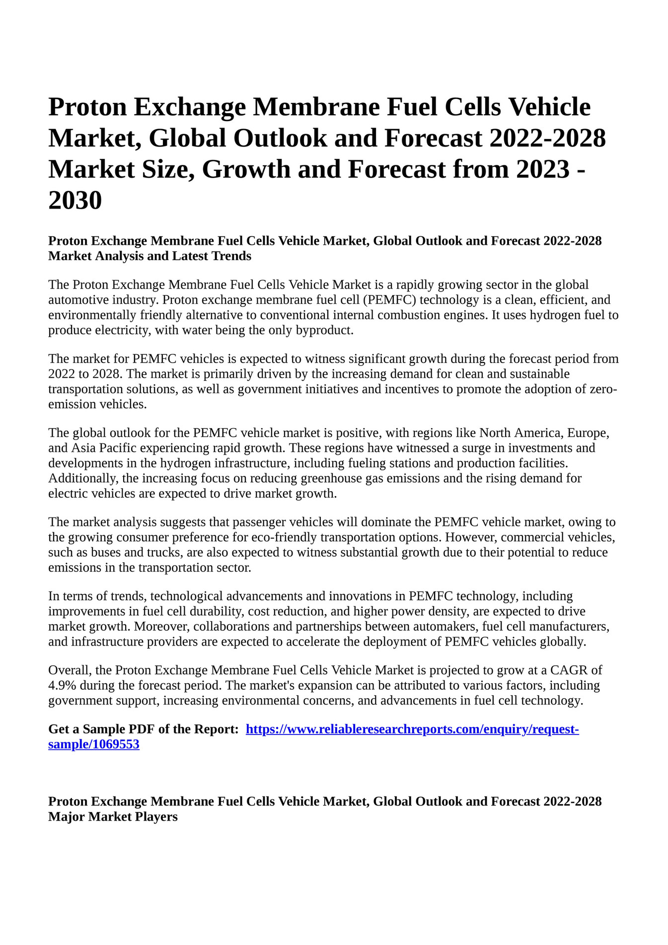 Reportprime Proton Exchange Membrane Fuel Cells Vehicle Market, Global Outlook and Forecast