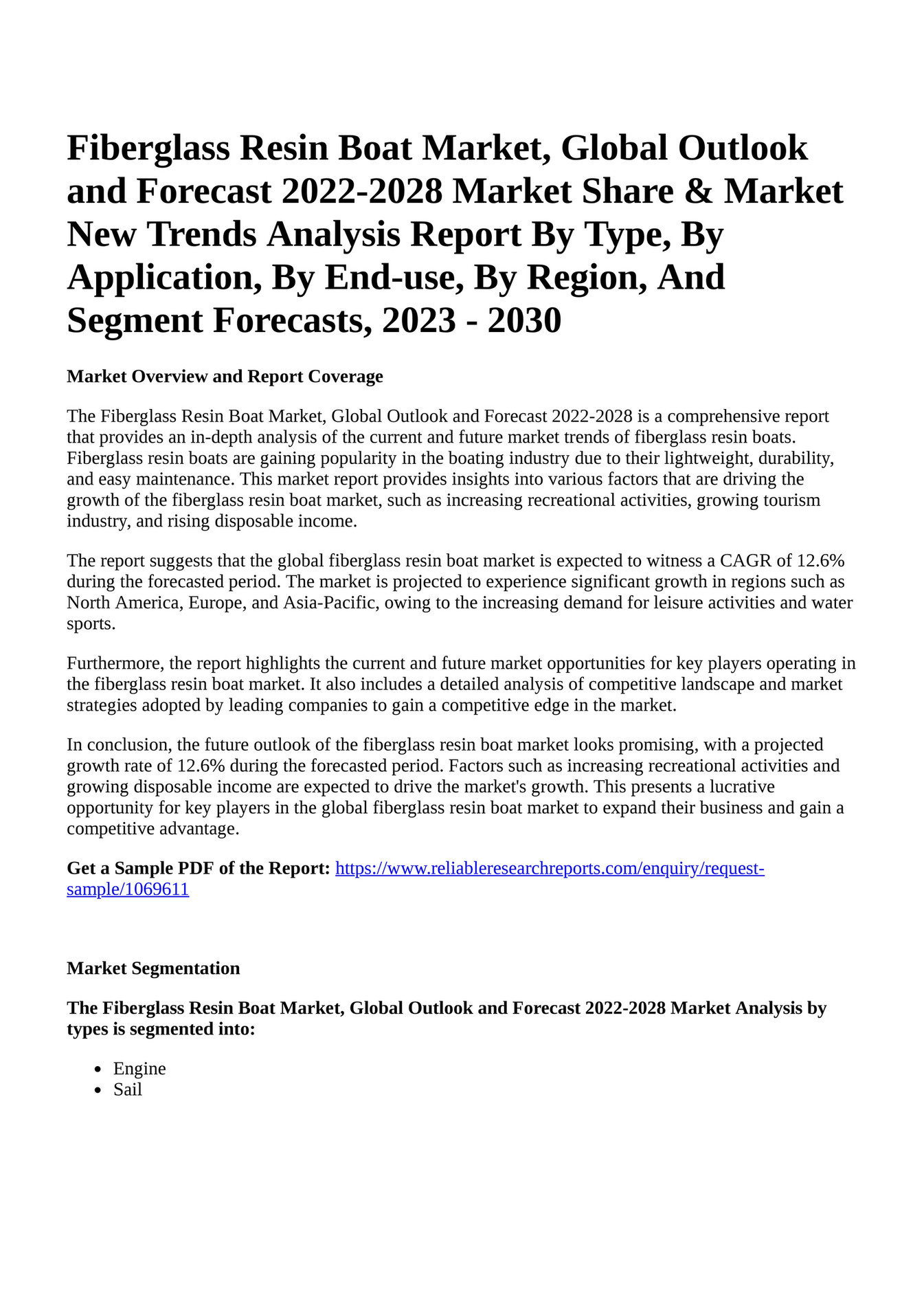 Reportprime Fiberglass Resin Boat Market, Global Outlook and Forecast 20222028 Market Share