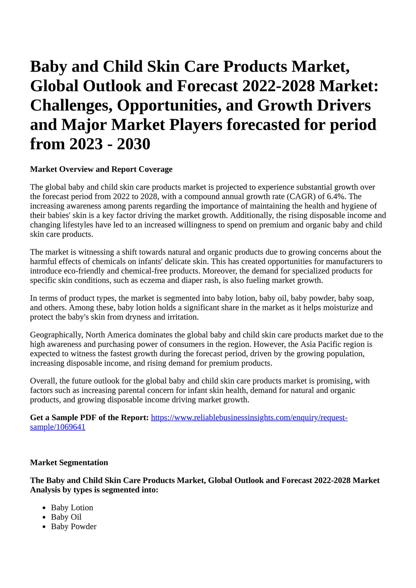 Reportprime Baby and Child Skin Care Products Market, Global Outlook