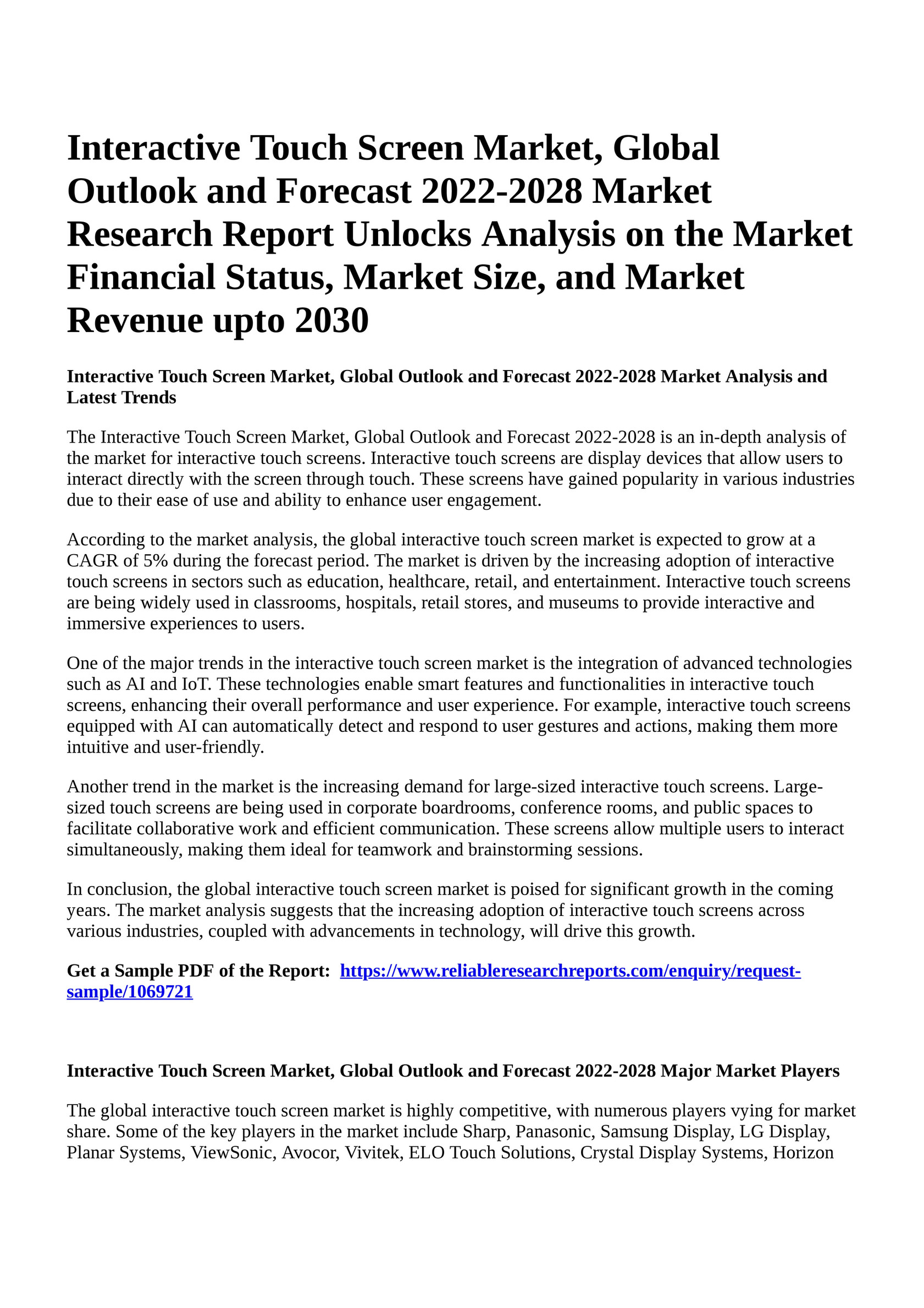 Reportprime - Interactive Touch Screen Market, Global Outlook and Forecast  2022-2028 Market Research Report Unlocks Analysis on the Market Financial  Status, Market Size, and Market Revenue upto 2030 - Page 1