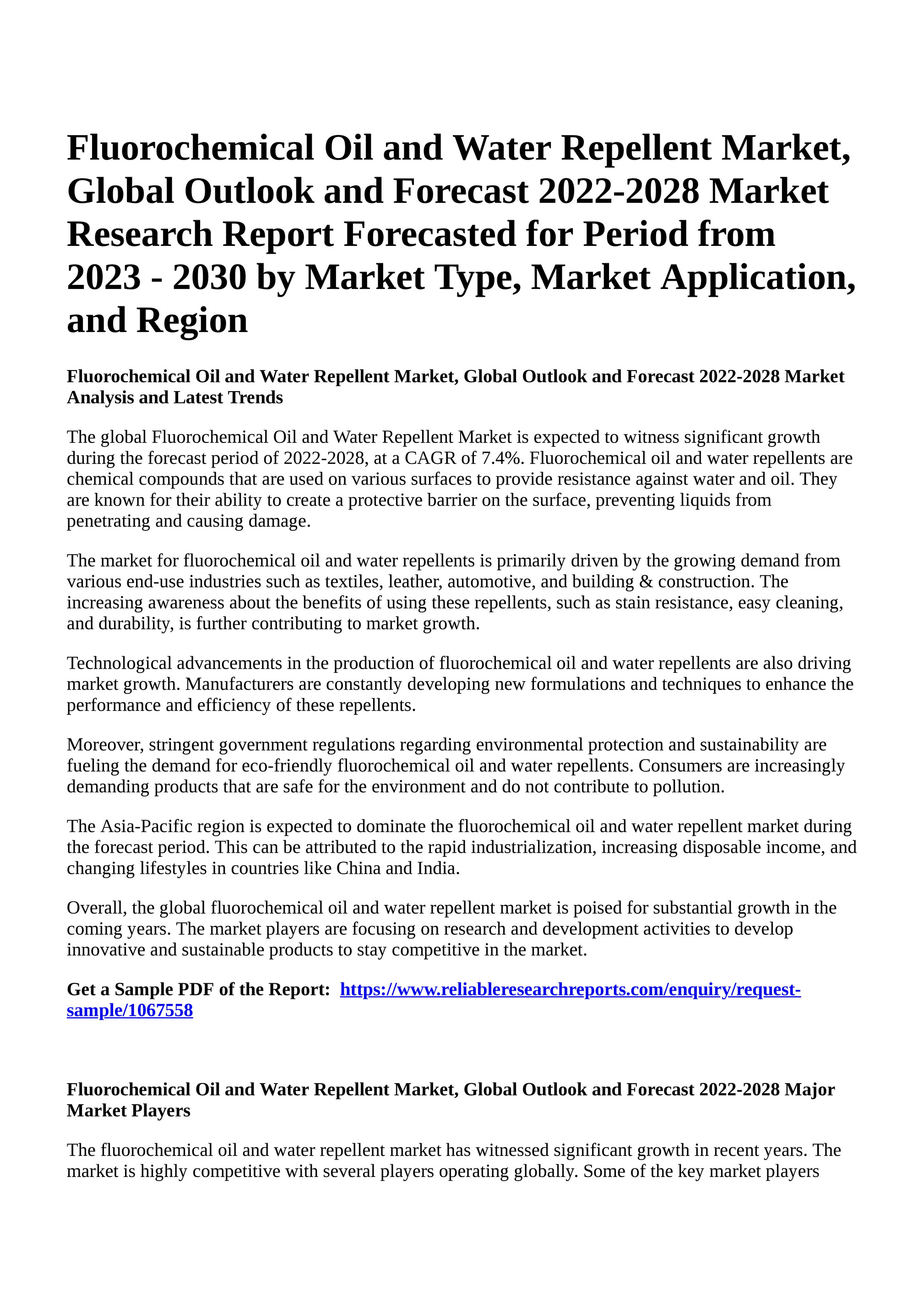 Reportprime - Fluorochemical Oil and Water Repellent Market, Global Outlook  and Forecast 2022-2028 Market Research Report Forecasted for Period from  2023 - 2030 by Market Type, Market Application, and Region - Page 1