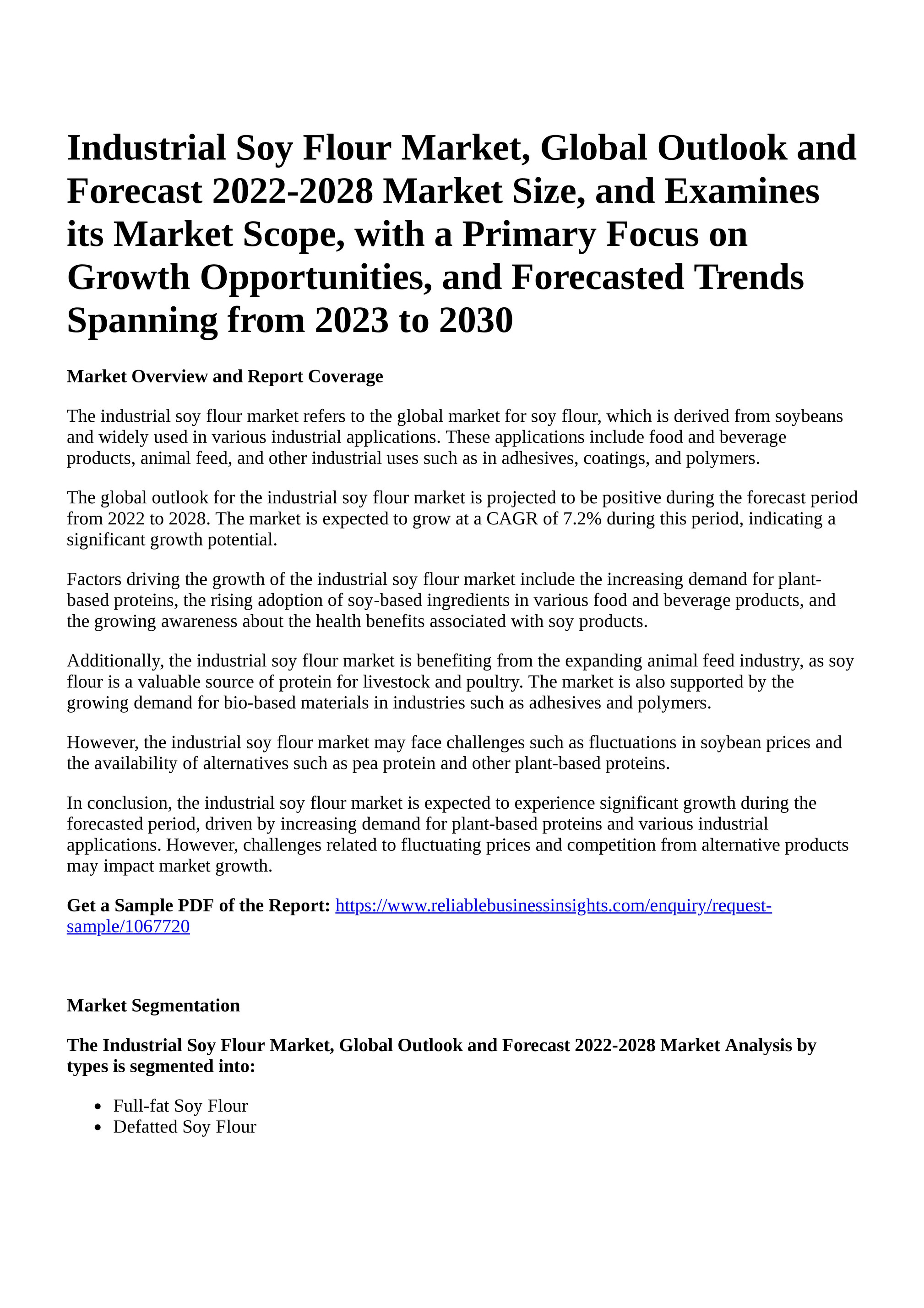 Defatted Soya Flour Market Size, Nexus, Bridging Future Trends and Insights  By 2030