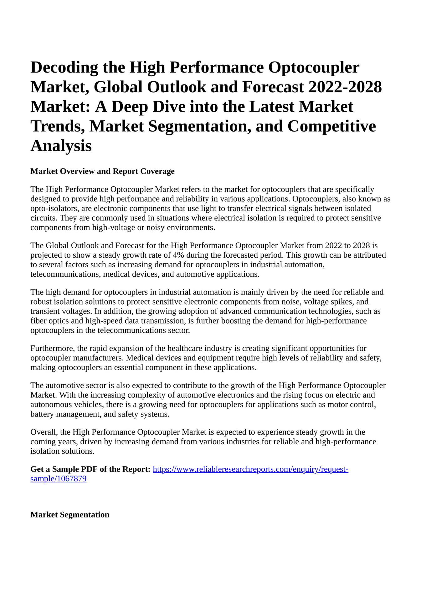 Reportprime Decoding the High Performance Optocoupler Market, Global