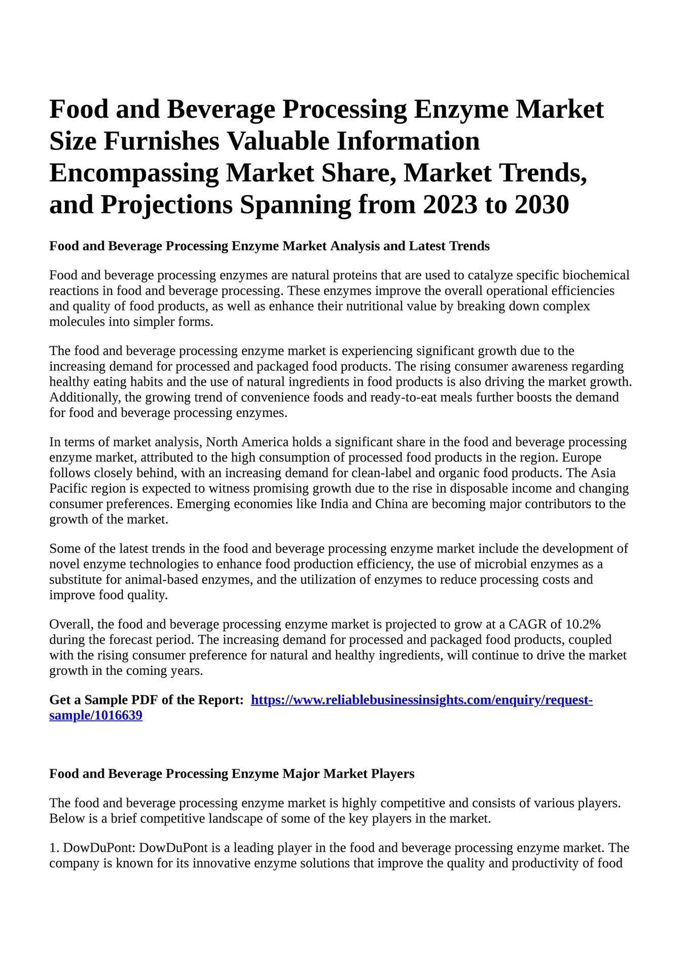 Reportprime Food and Beverage Processing Enzyme Market Size Furnishes