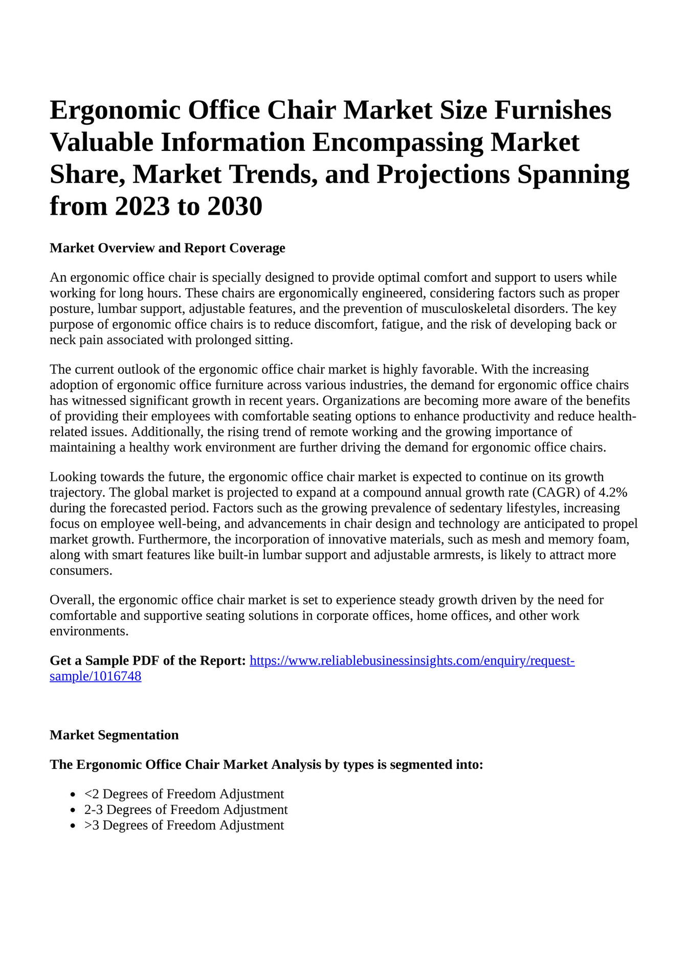 Reportprime Ergonomic Office Chair Market Size Furnishes Valuable