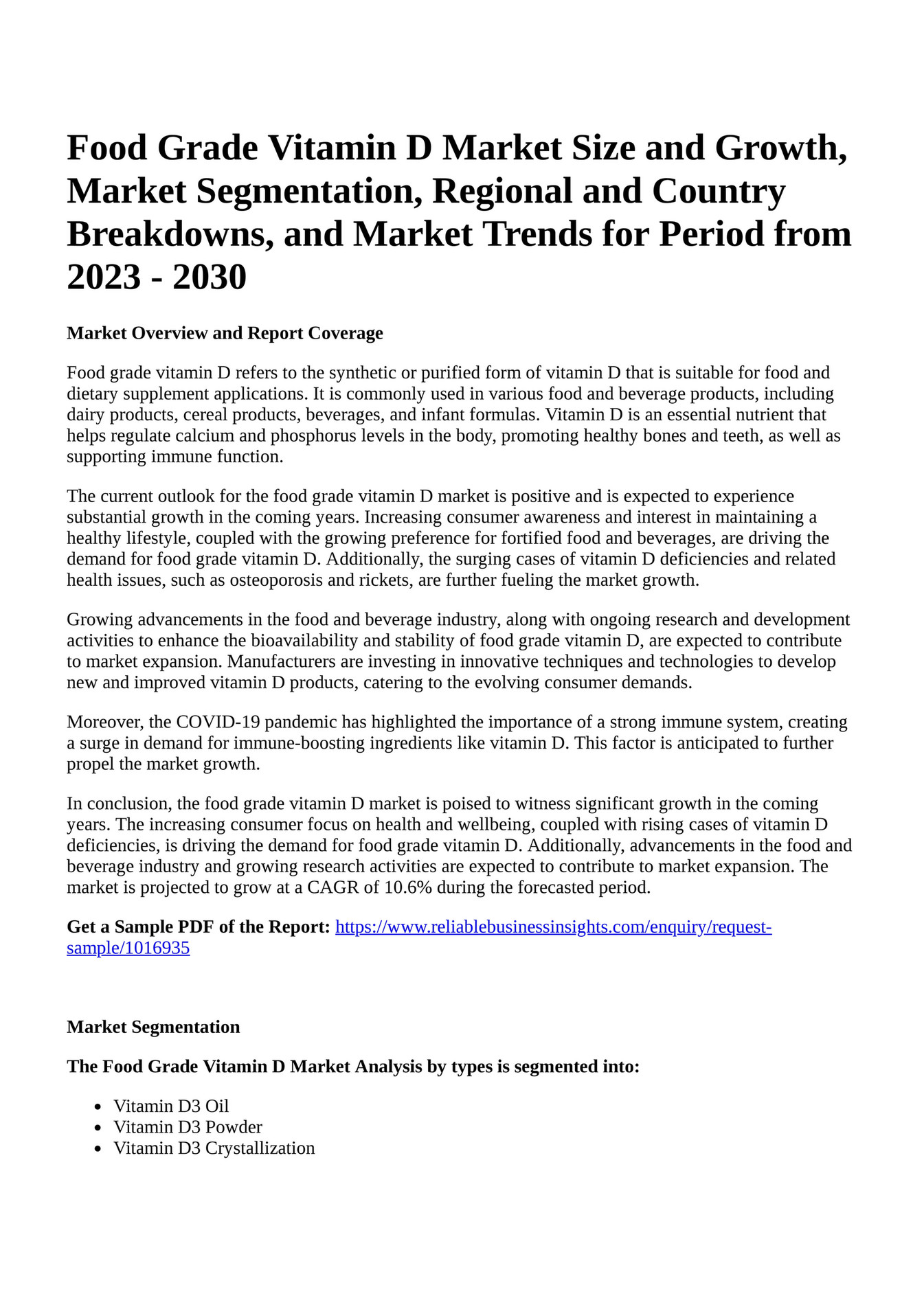 Reportprime Food Grade Vitamin D Market Size and Growth, Market