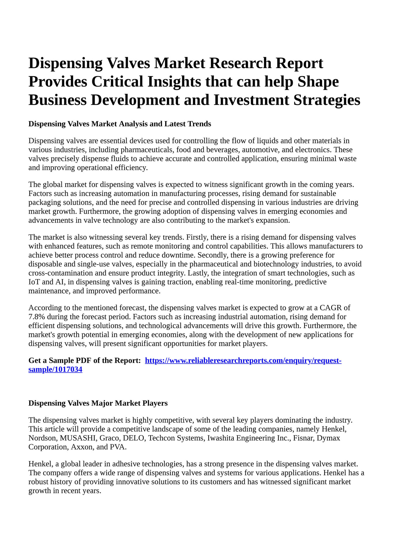 Reportprime Dispensing Valves Market Research Report Provides