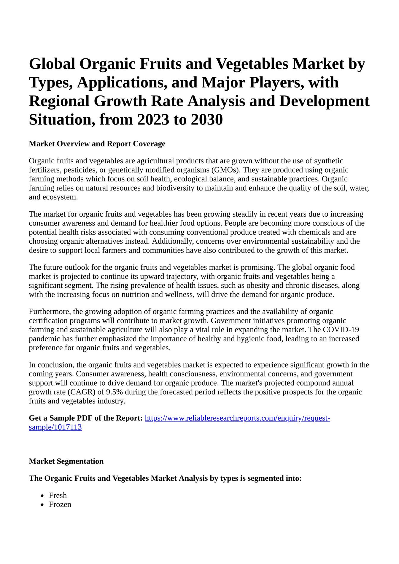 Reportprime Global Organic Fruits and Vegetables Market by Types