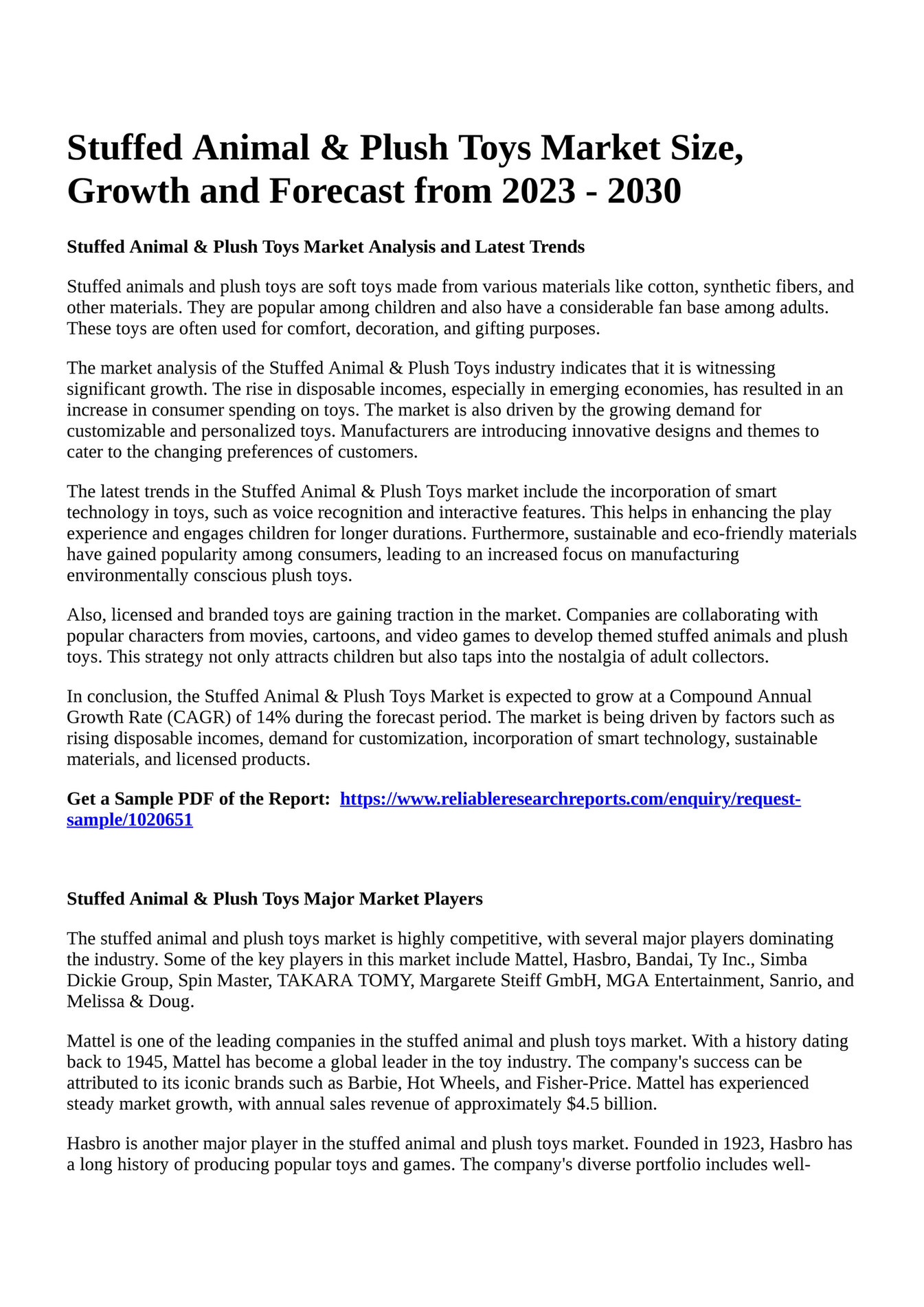 Reportprime Stuffed Animal & Plush Toys Market Size, Growth and