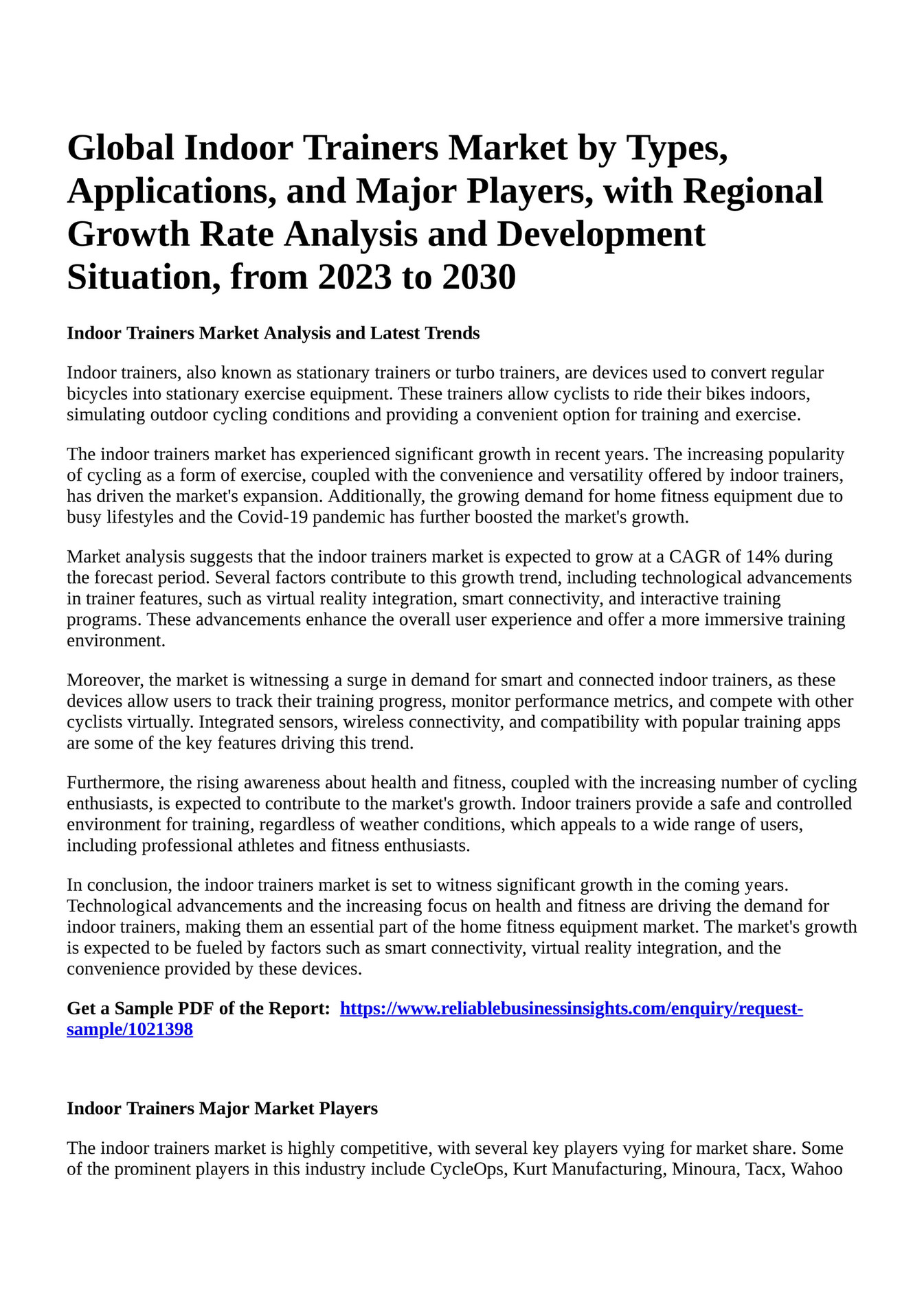 Reportprime Global Indoor Trainers Market by Types, Applications, and