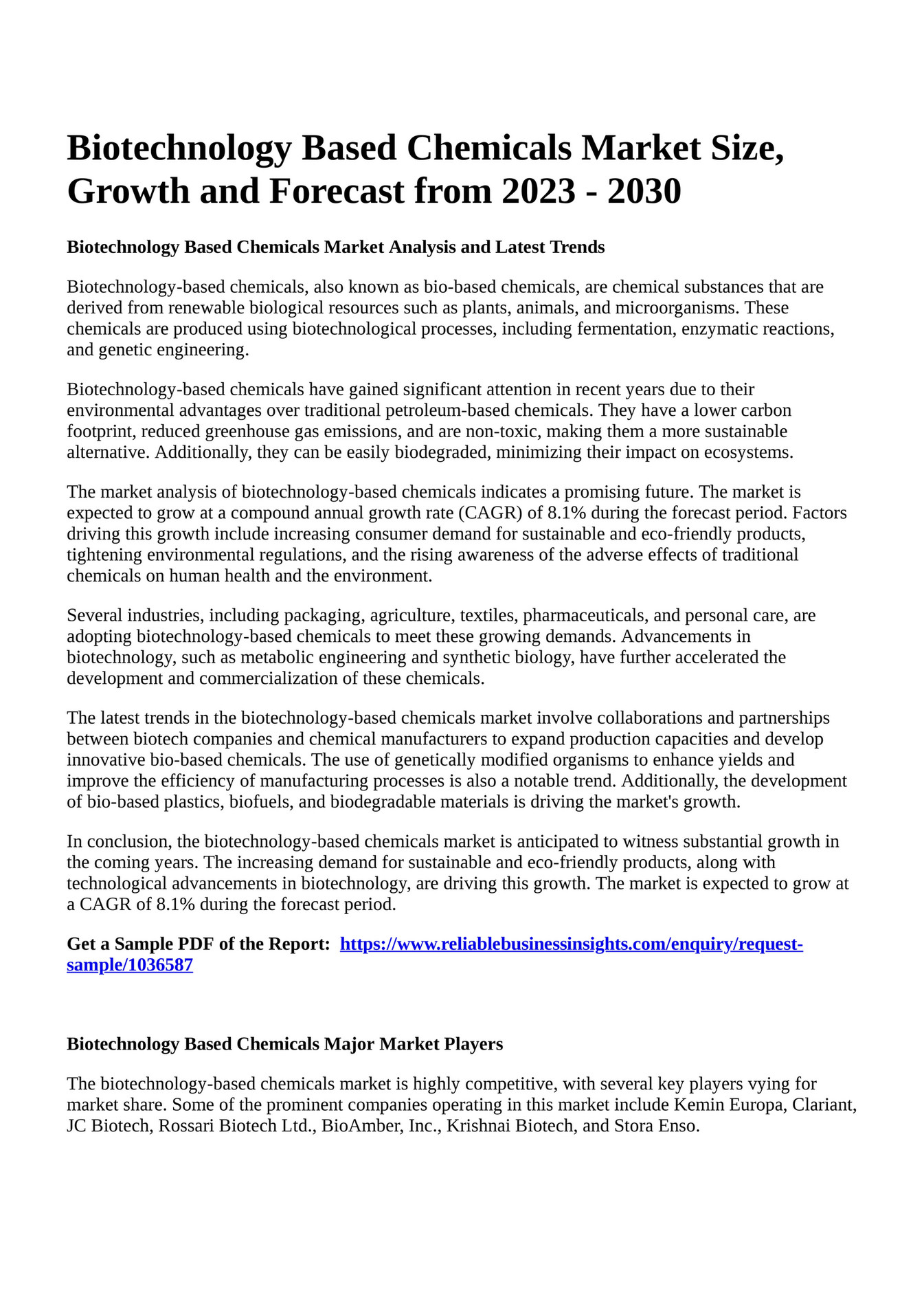 Reportprime Biotechnology Based Chemicals Market Size, Growth and