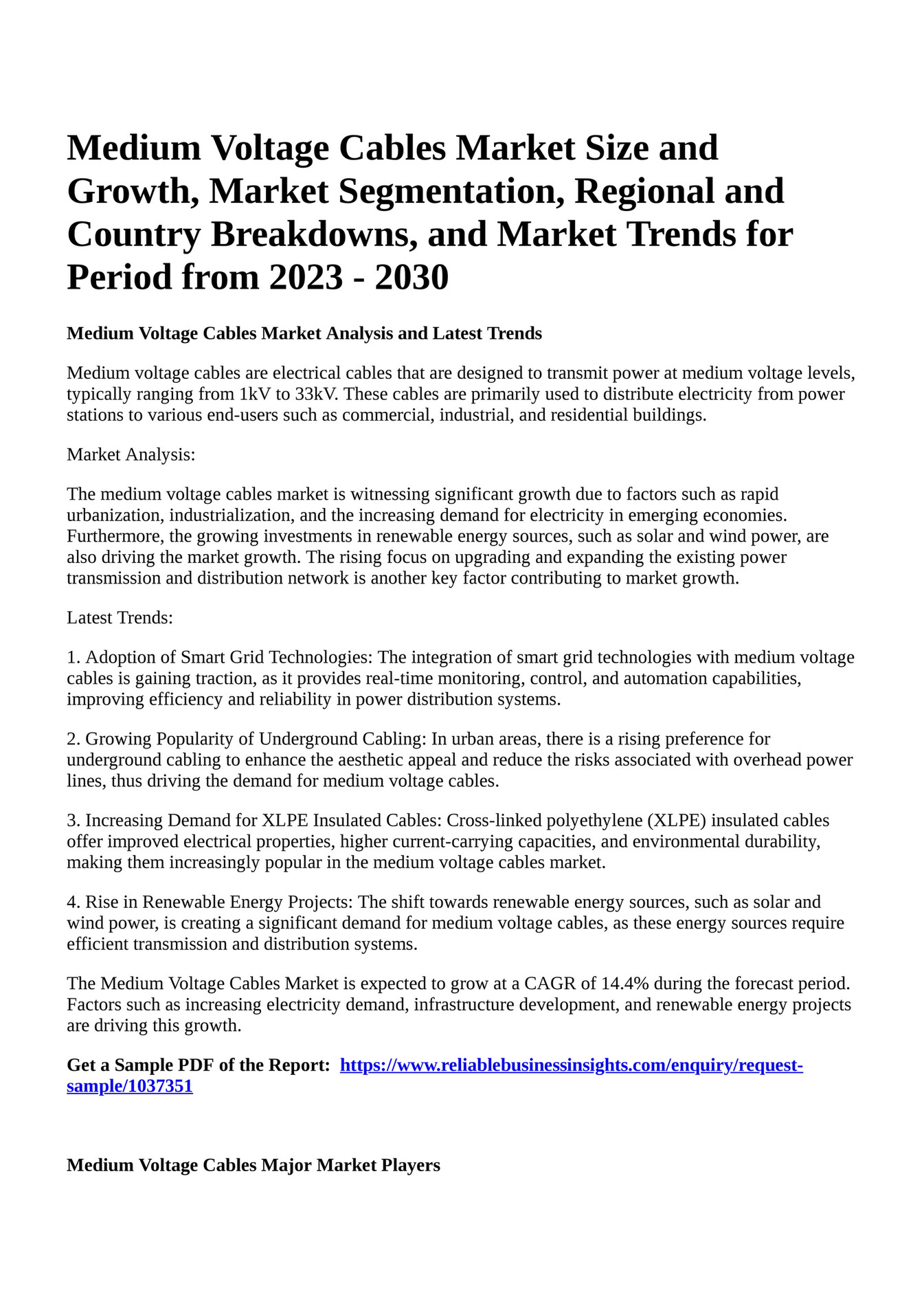 Reportprime Medium Voltage Cables Market Size and Growth, Market
