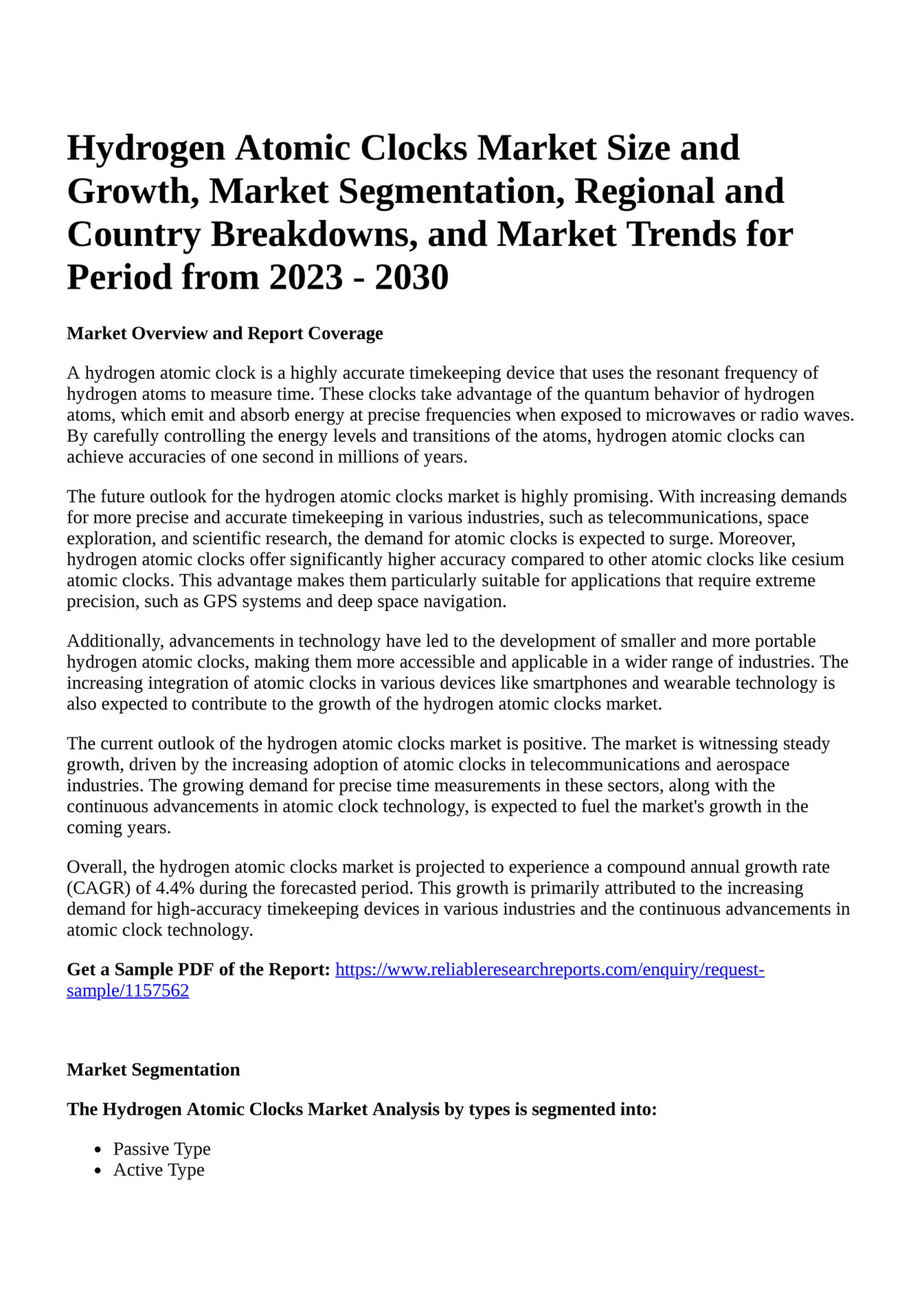 Reportprime Hydrogen Atomic Clocks Market Size and Growth, Market