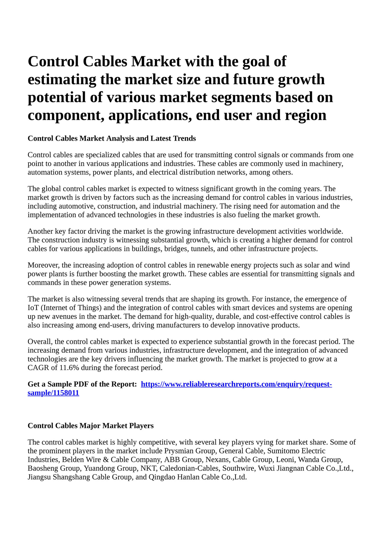 Reportprime Control Cables Market with the goal of estimating the