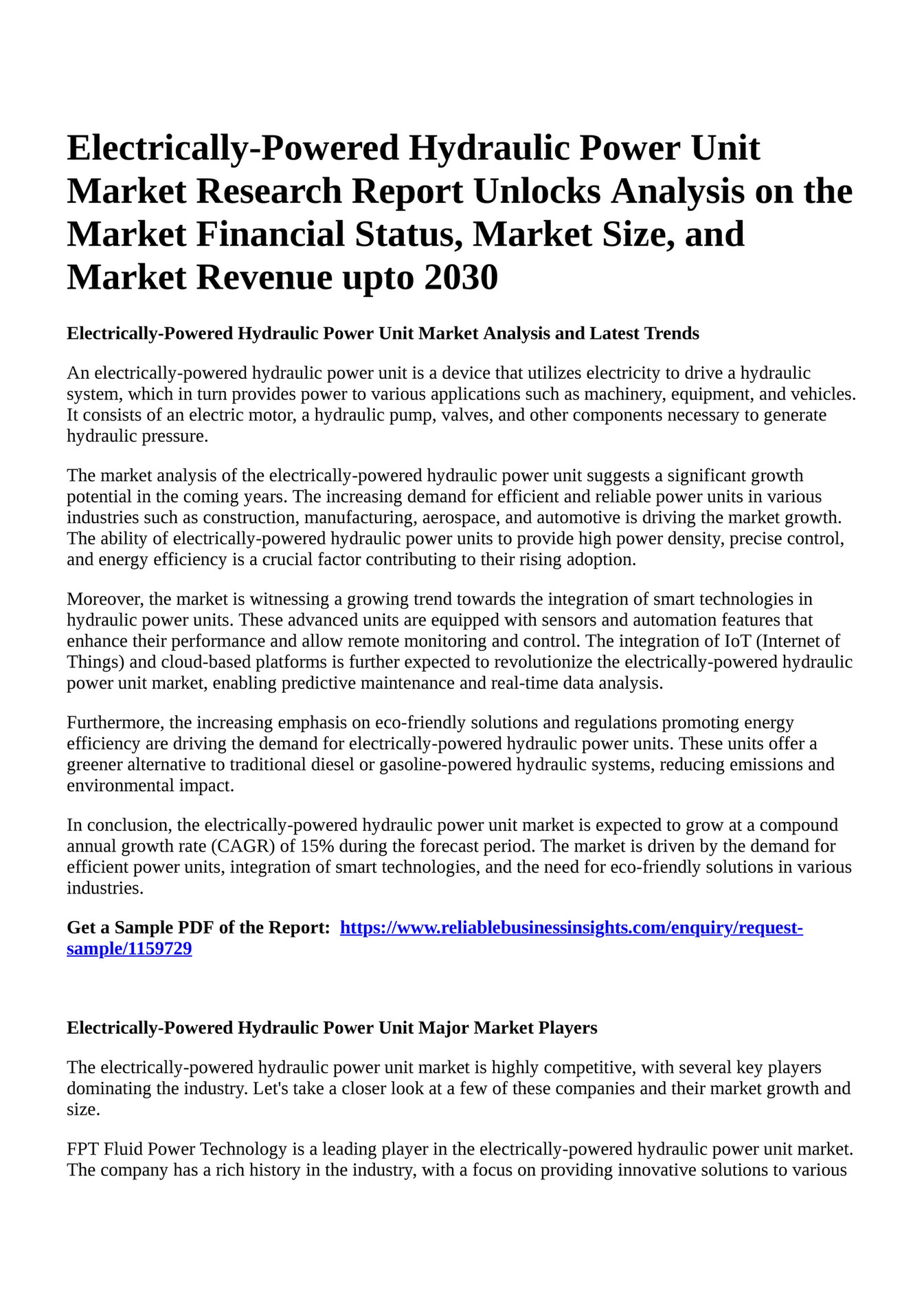 Reportprime ElectricallyPowered Hydraulic Power Unit Market Research