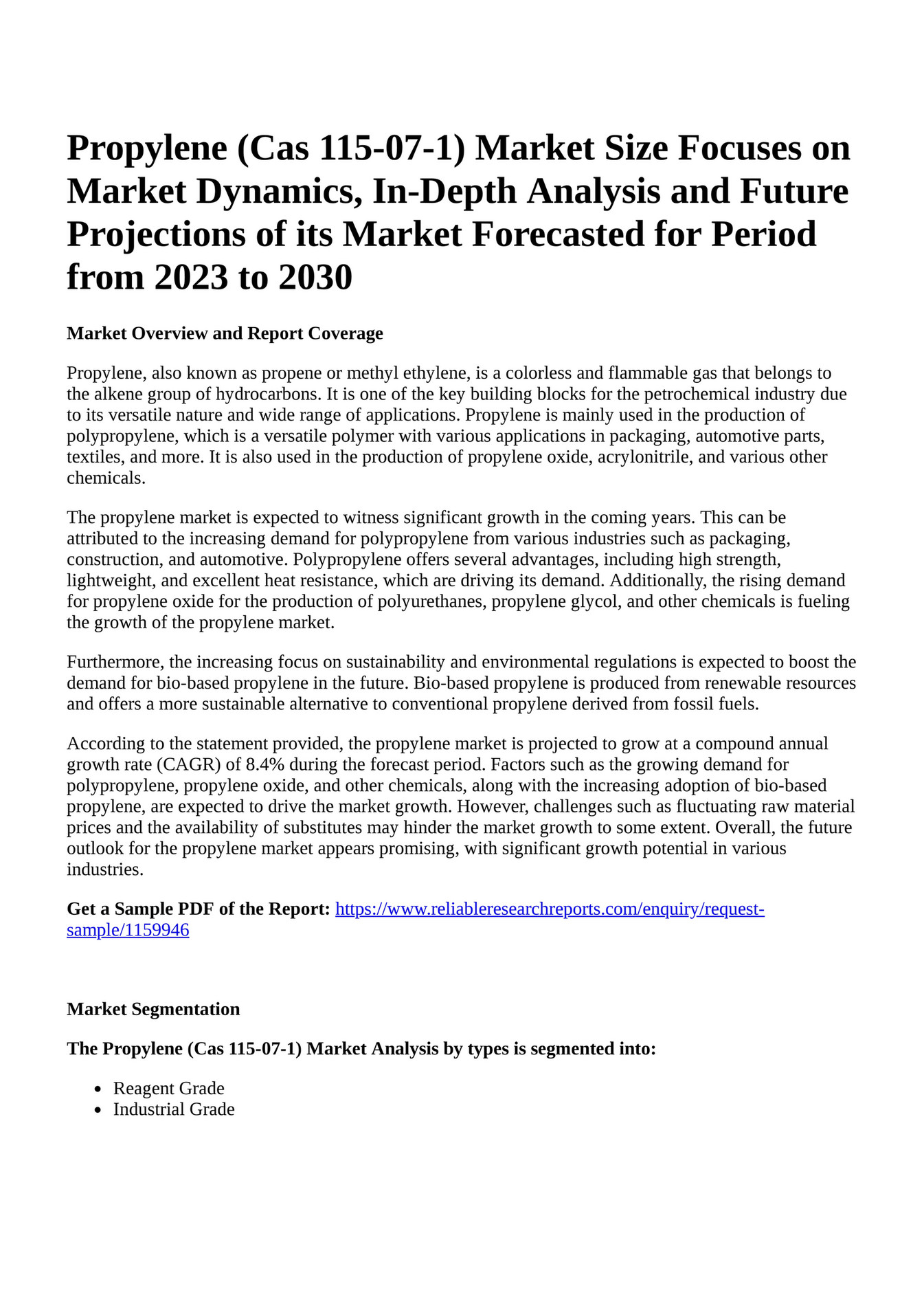 Reportprime - Propylene (Cas 115-07-1) Market Size Focuses on Market ...