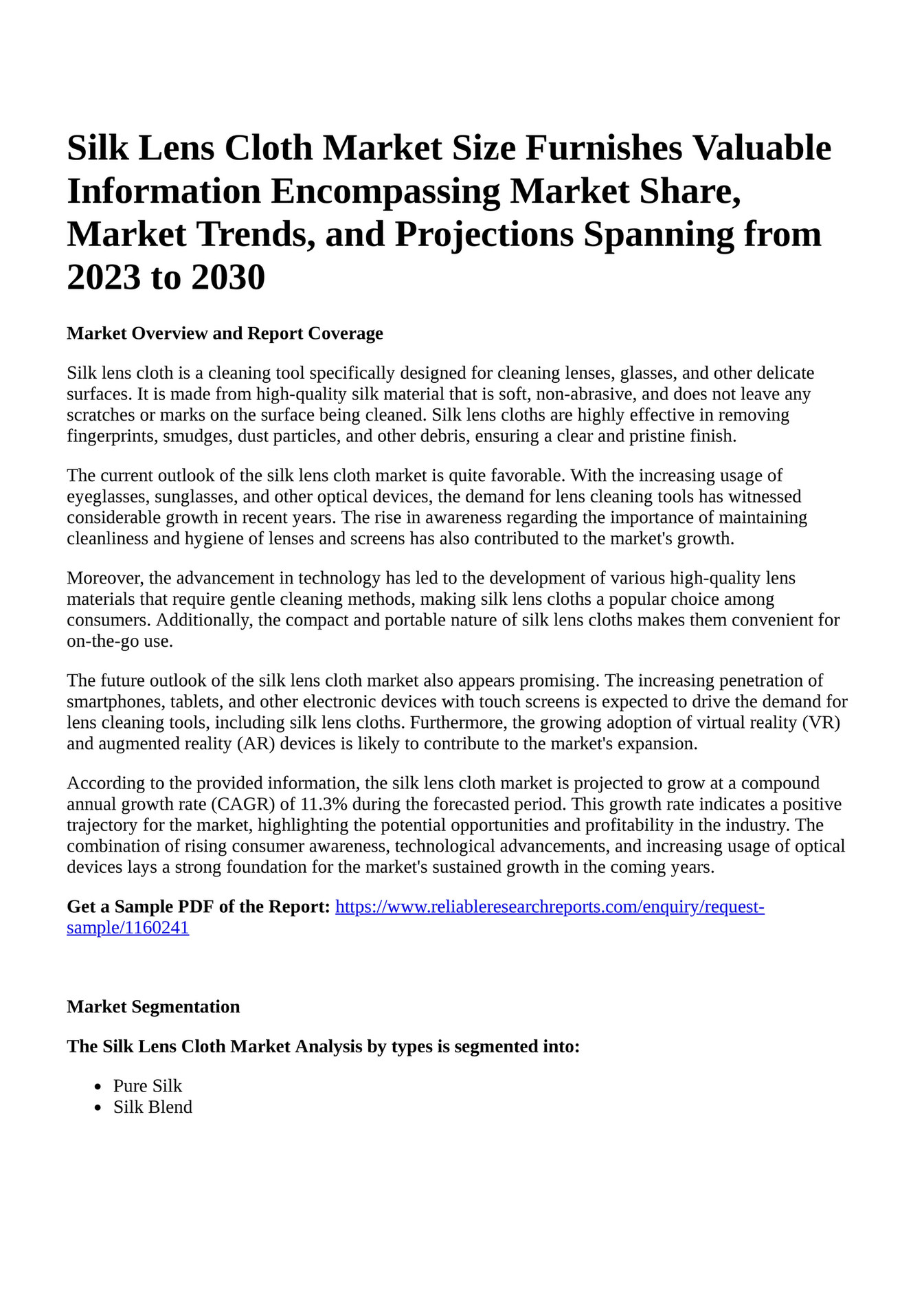 Reportprime Silk Lens Cloth Market Size Furnishes Valuable