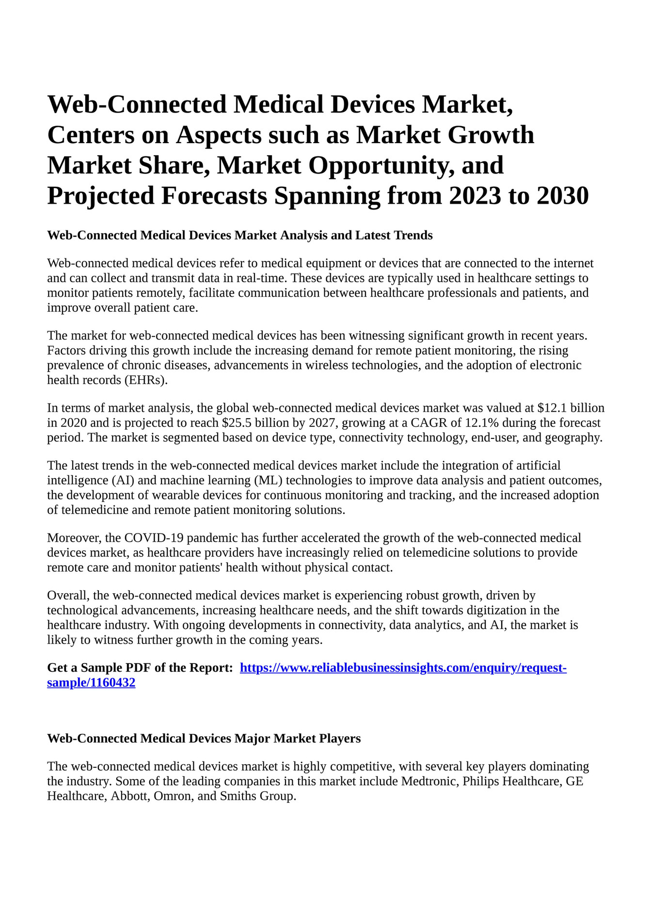 Reportprime Connected Medical Devices Market, Centers on Aspects