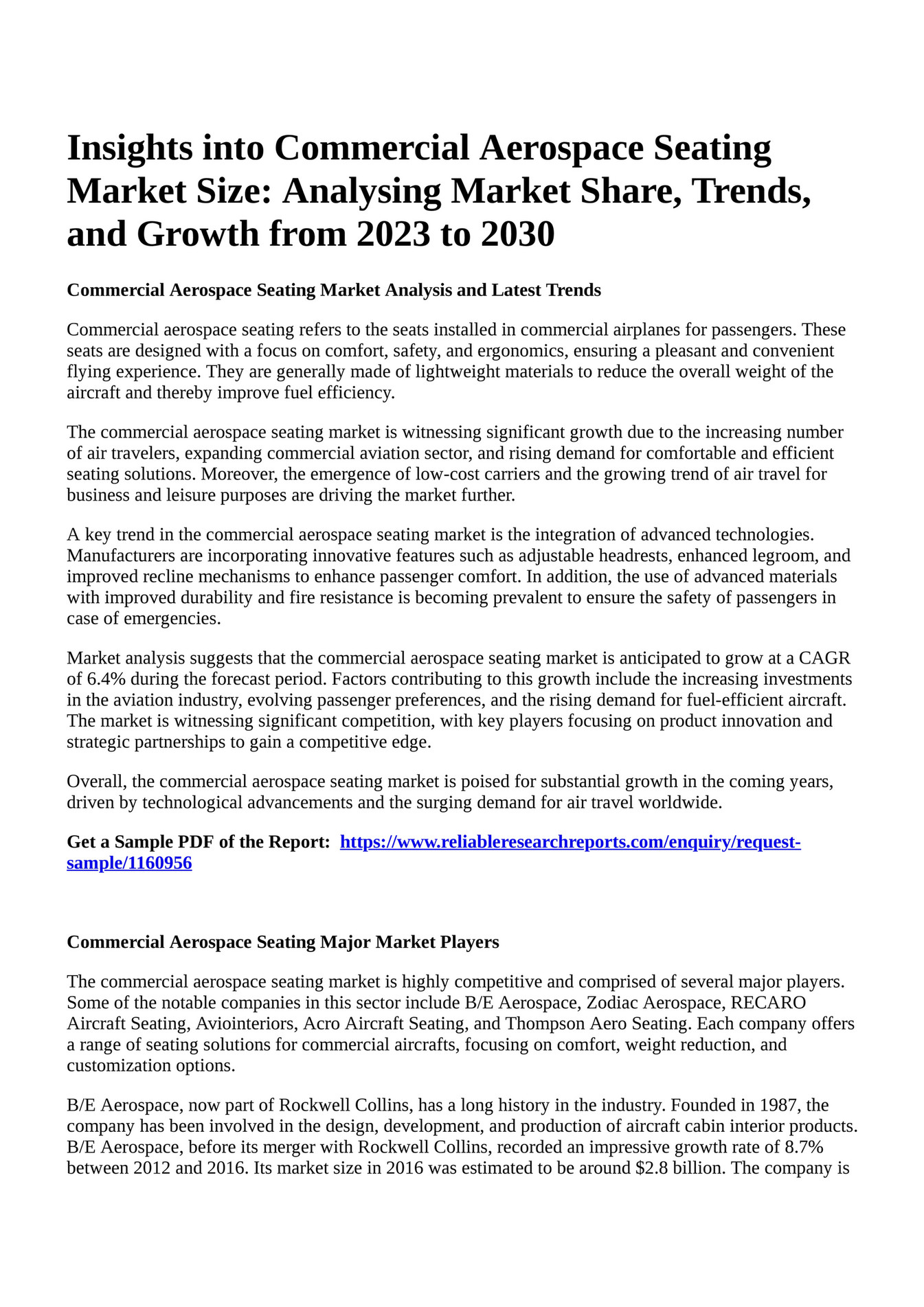 Reportprime Insights into Commercial Aerospace Seating Market Size