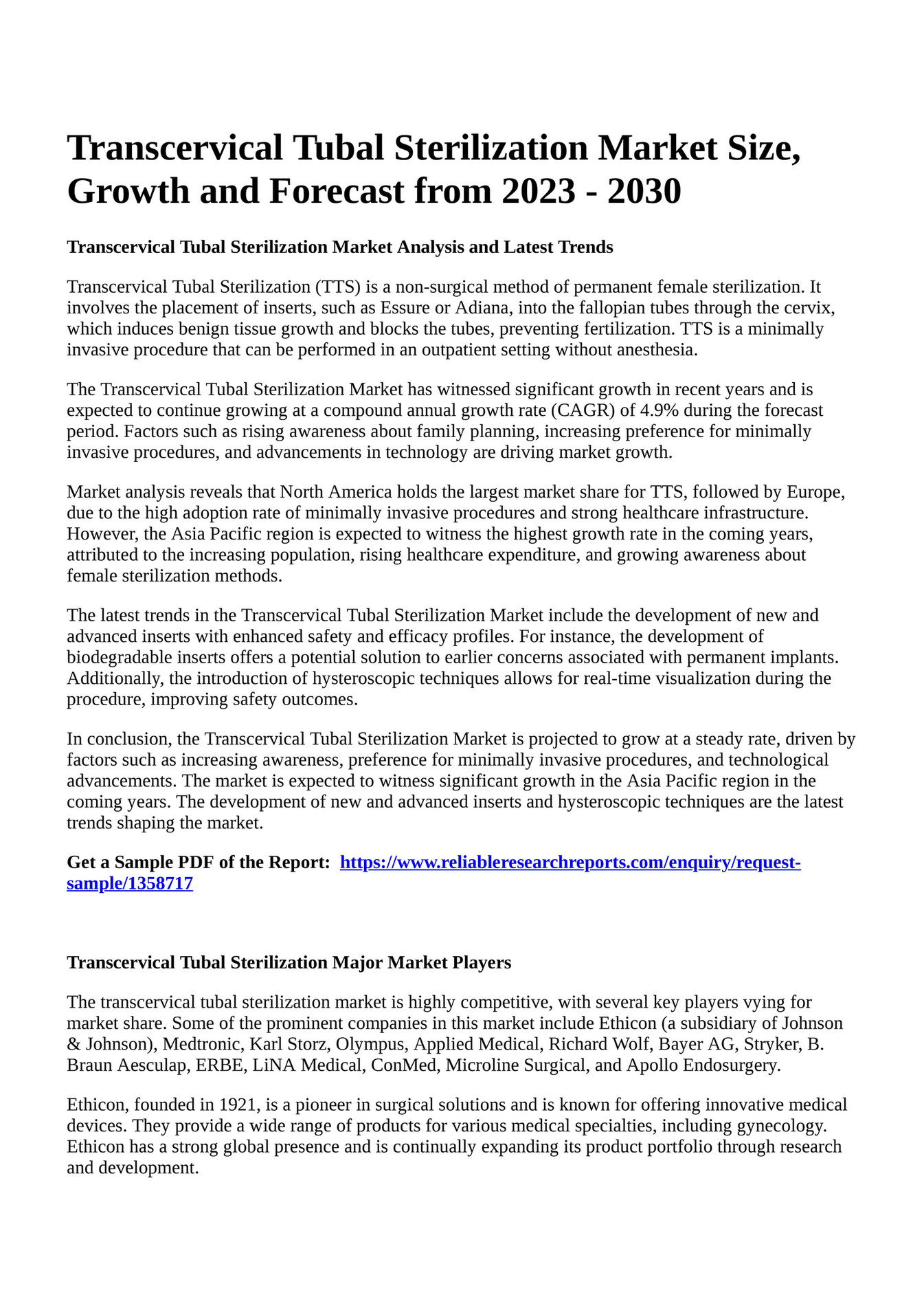 Reportprime Transcervical Tubal Sterilization Market Size, Growth and