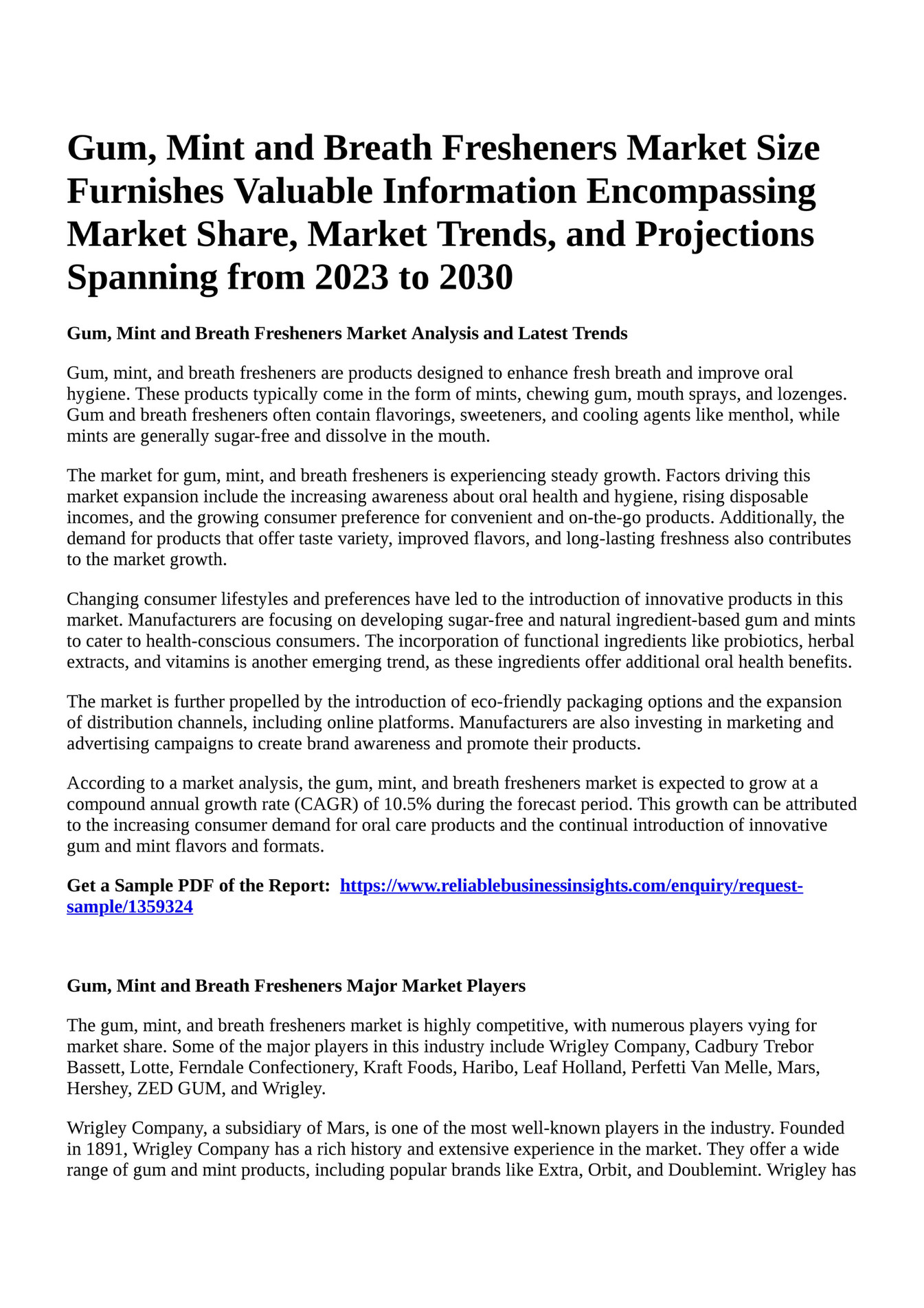 Reportprime Gum, Mint and Breath Fresheners Market Size Furnishes